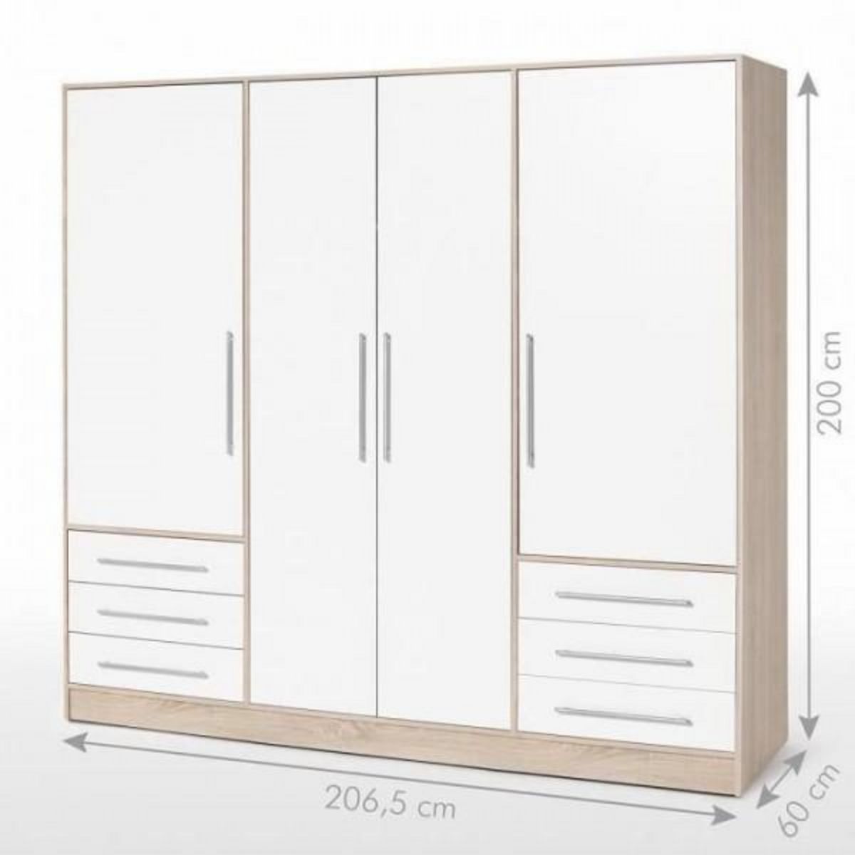 MARKET24 Armoire 4 portes battantes + 6 tiroirs - Chene et blanc - L 206 x P 60 x H 200 cm - JUPITER
