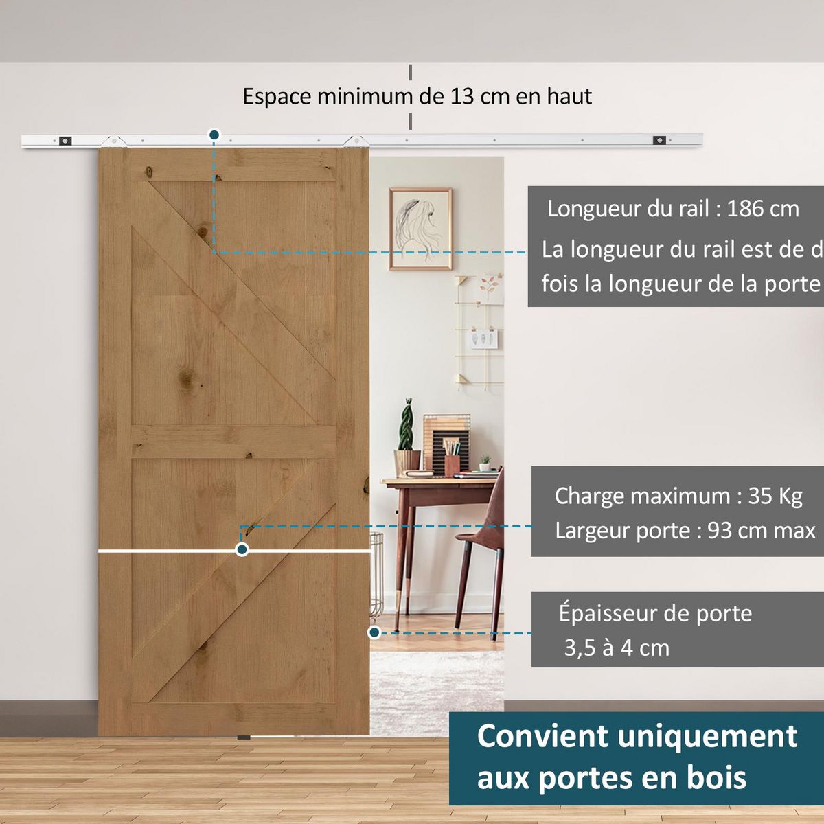 HOMCOM Kit complet porte coulissante 4 x 93 cm (p x l): rail, roulettes, visserie