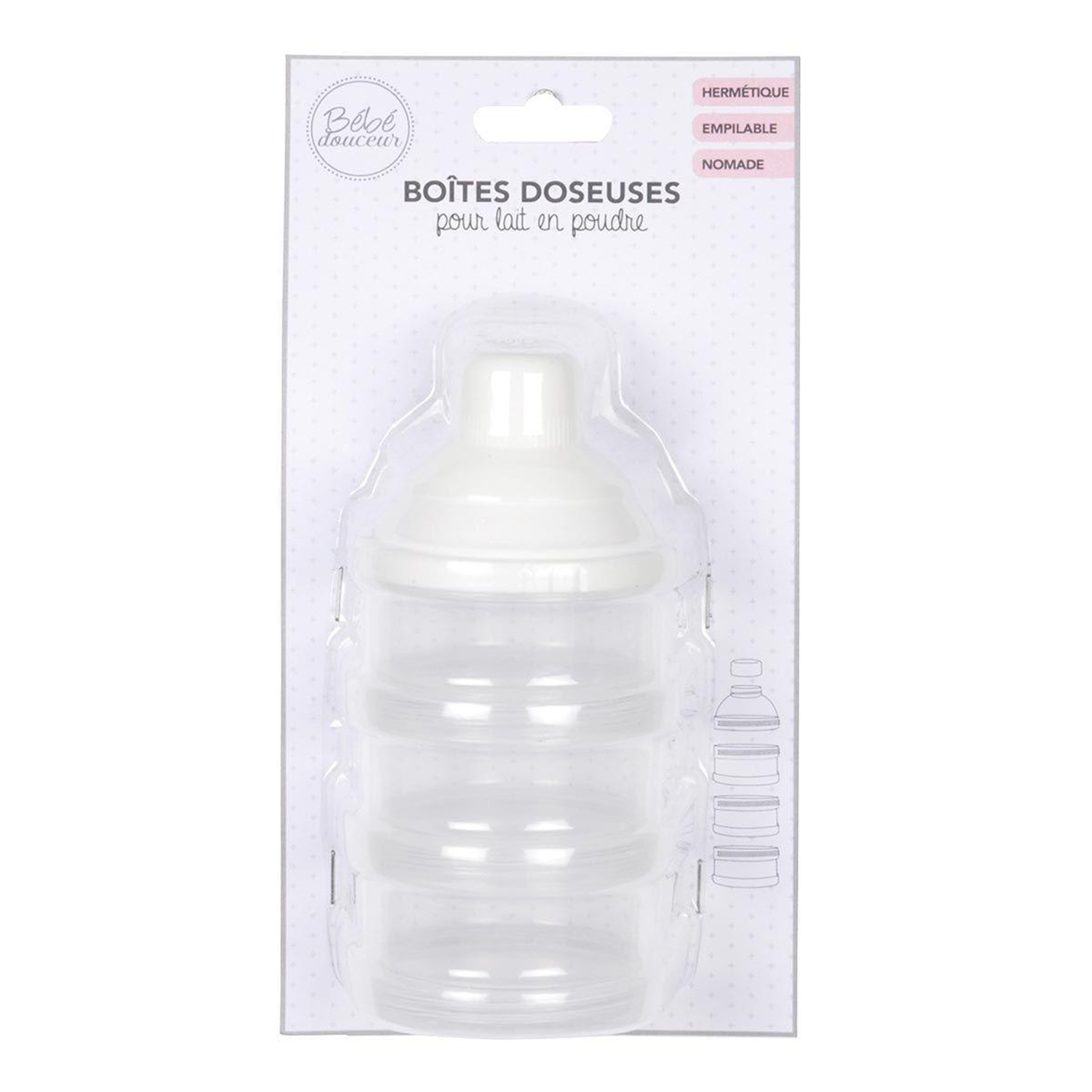 Voir la diapositive 2 : BEBE DOUCEUR Boîte doseuse pour lait  3 niveaux  14cm transparent