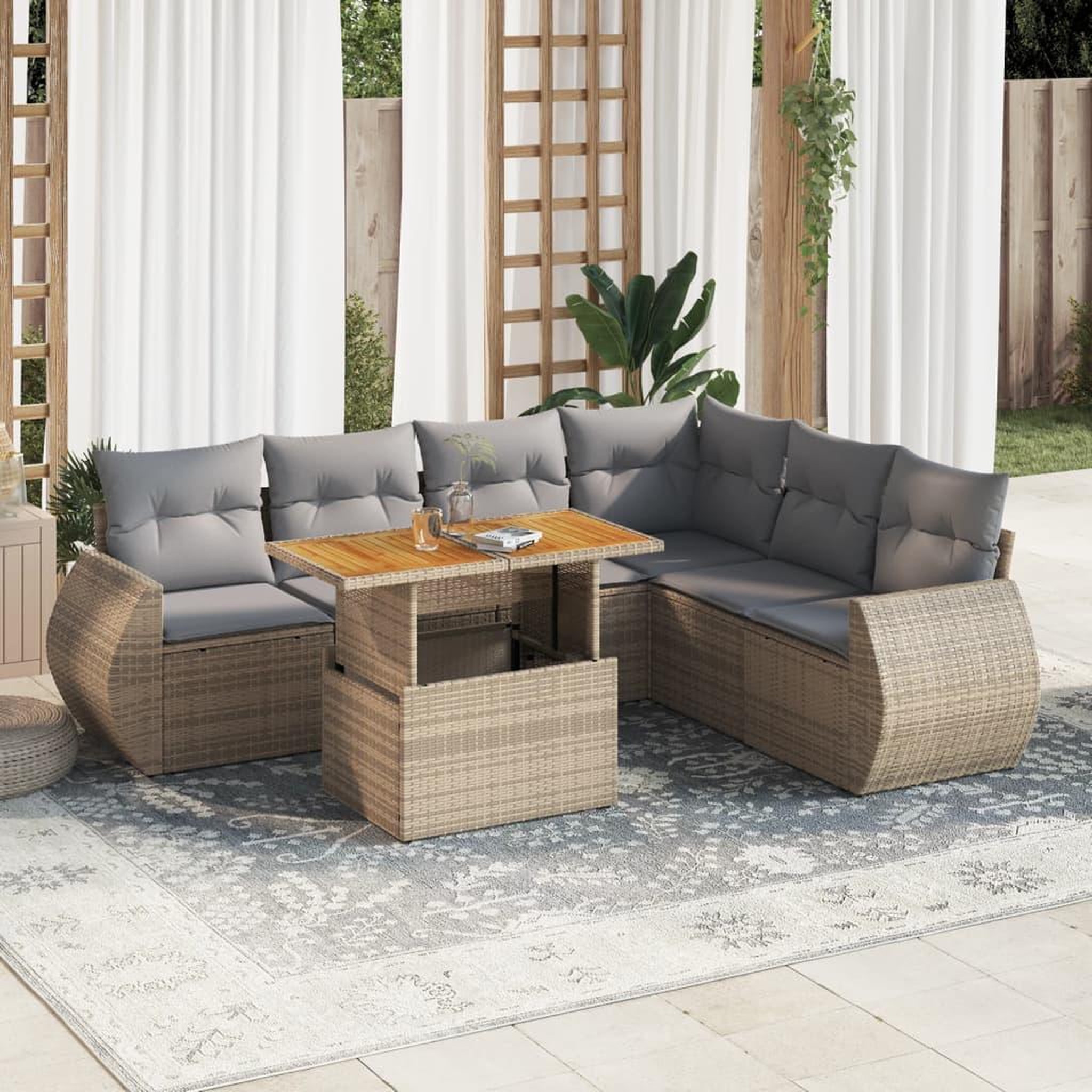 VIDAXL Salon de jardin avec coussins 7 pcs beige resine tressee