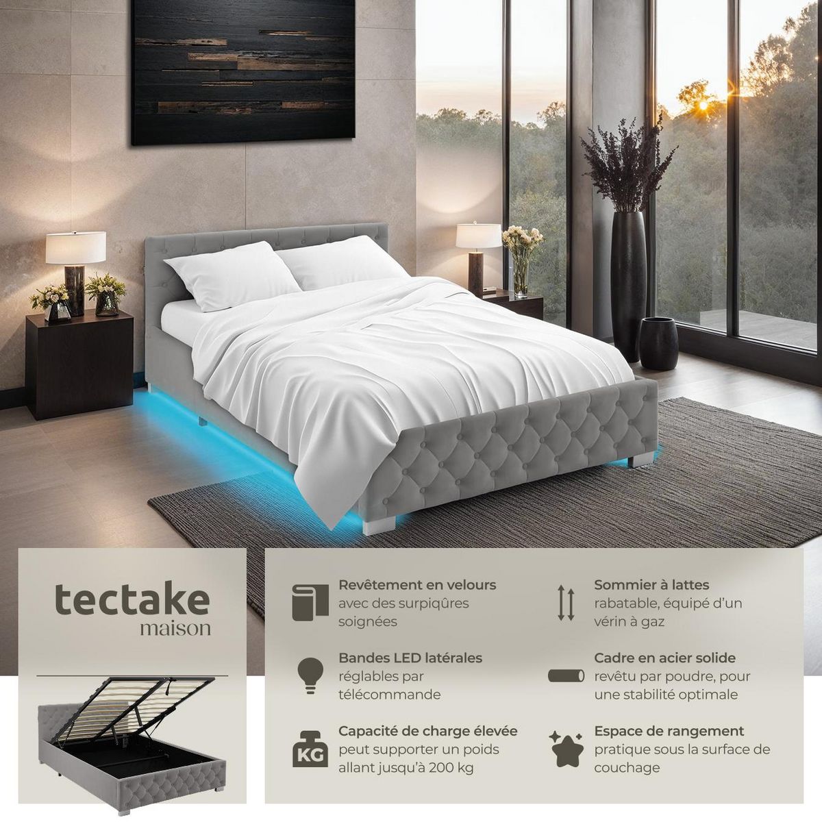 tectake Lit rembourré En aspect velours avec motif matelassé gris foncé 140 x 200 cm