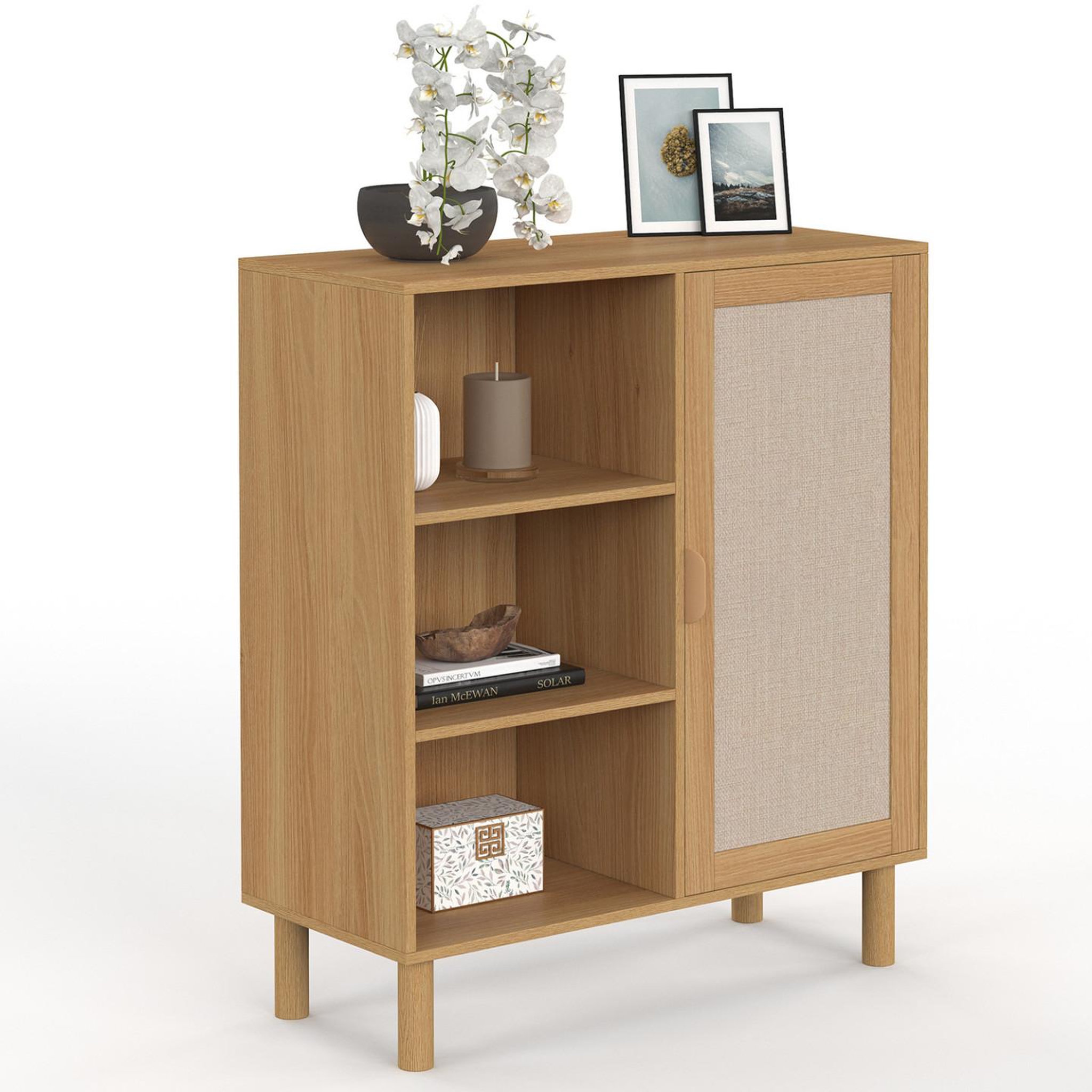 Voir la diapositive 1 : ID MARKET Buffet d'appoint 3 étagères et placard 70 cm ROBIN meuble de rangement bois et tissu effet lin
