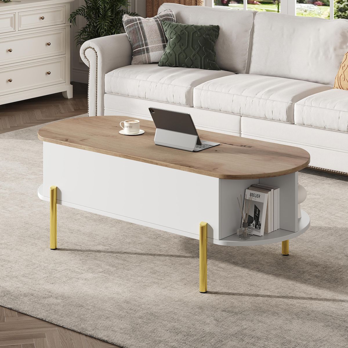 MERAX Table basse relevable ovale blanc+naturel - 50x120 cm mdf