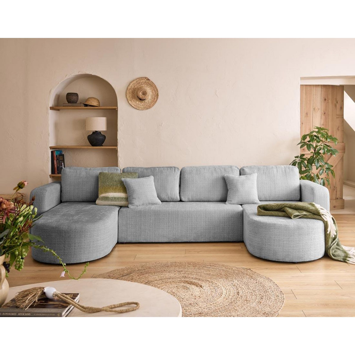 BEST MOBILIER Miro - canapé panoramique en u 7 places - convertible avec coffre - en velours texturé