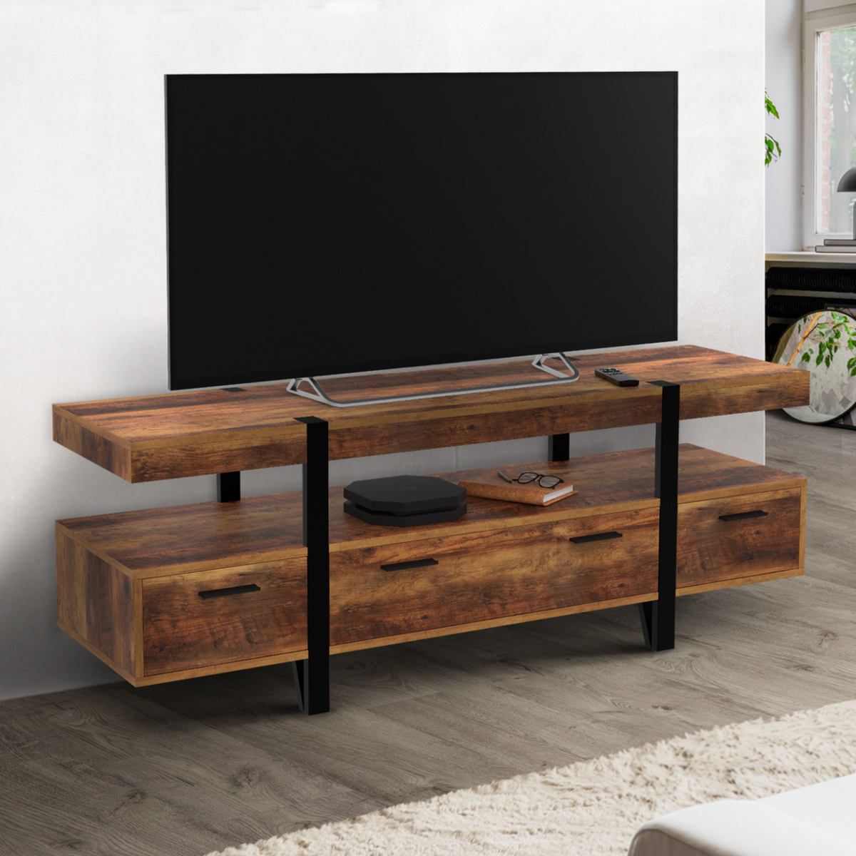 ID MARKET Meuble TV 140 cm AUSTRIA avec tiroirs bois pieds épingle