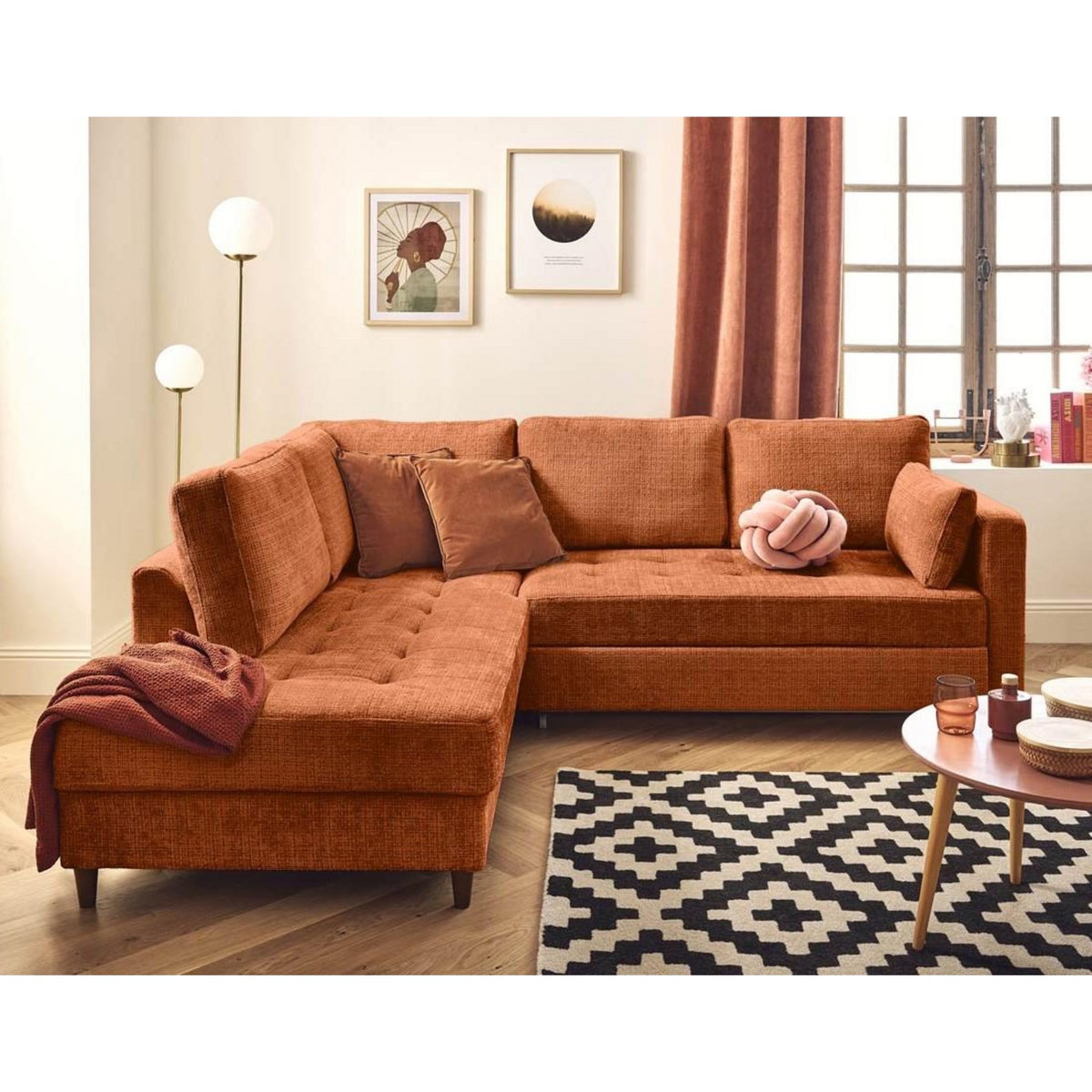 LISA DESIGN Anna - canapé d'angle gauche 5 places convertible en velours texturé