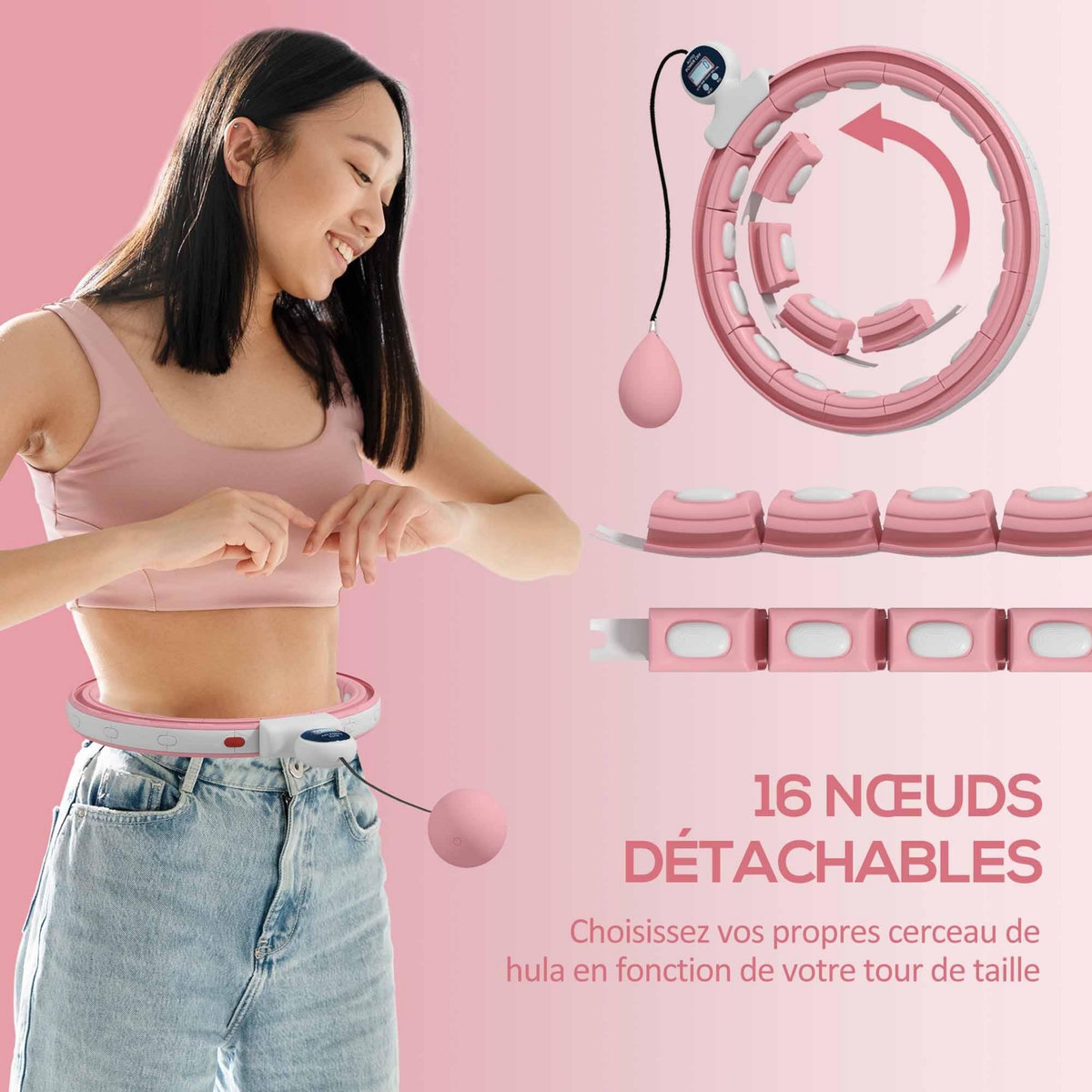 HOMCOM Hula Hoop fitness réglable dia. 76-113 cm - picots massage intégrés, segments amovibles - blanc rose