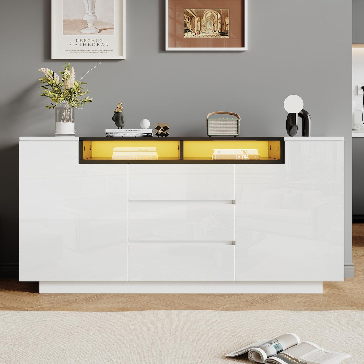 MERAX Buffet 2 porte(s) 3 tiroir(s) - 140 cm blanc led panneau de particules
