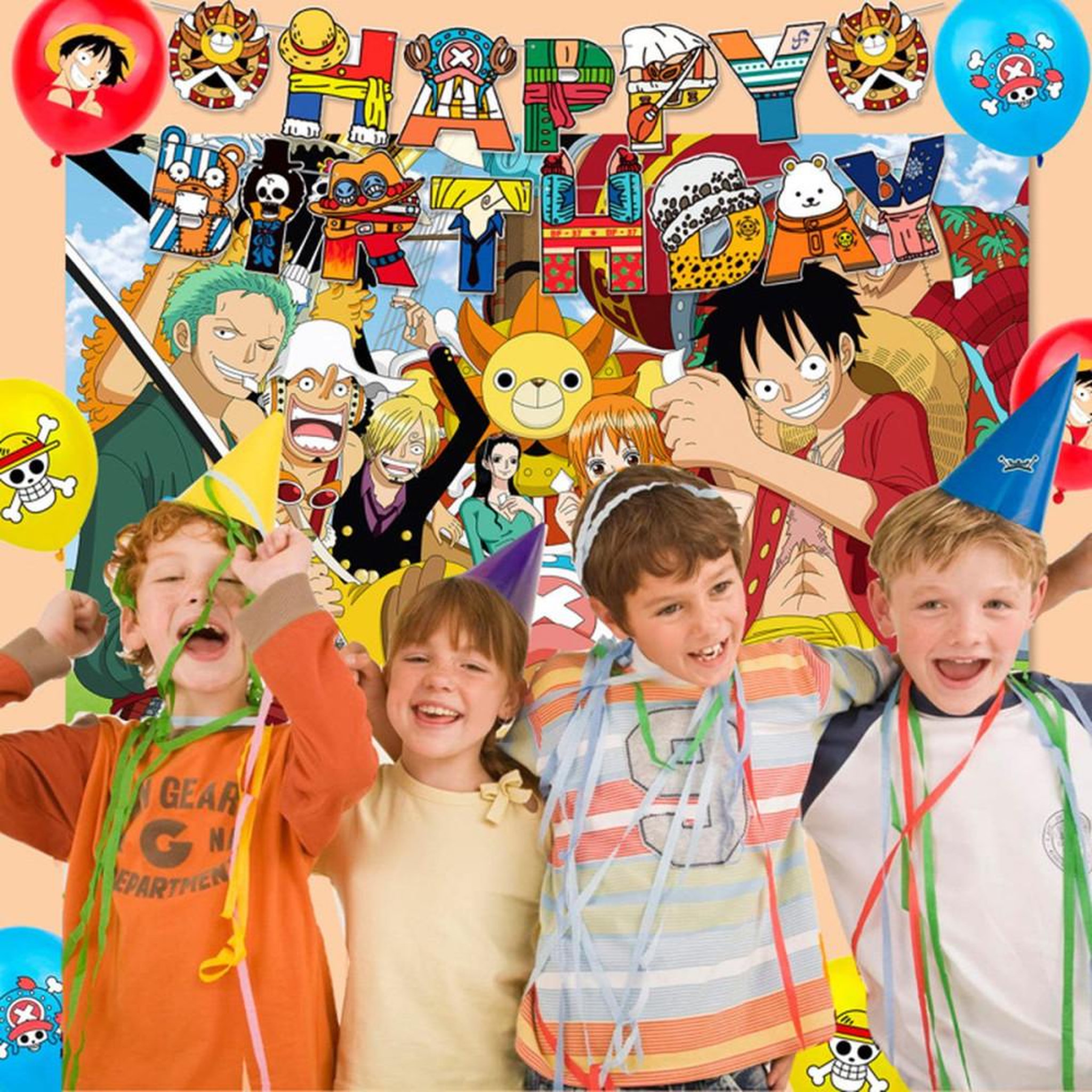 Voir la diapositive 6 : Set de décoration anniversaire Pirate One Piece pour enfants, 15 fanions, 1 fond imprimé, 12 ballons, assiettes, serviettes, couverts et toppers