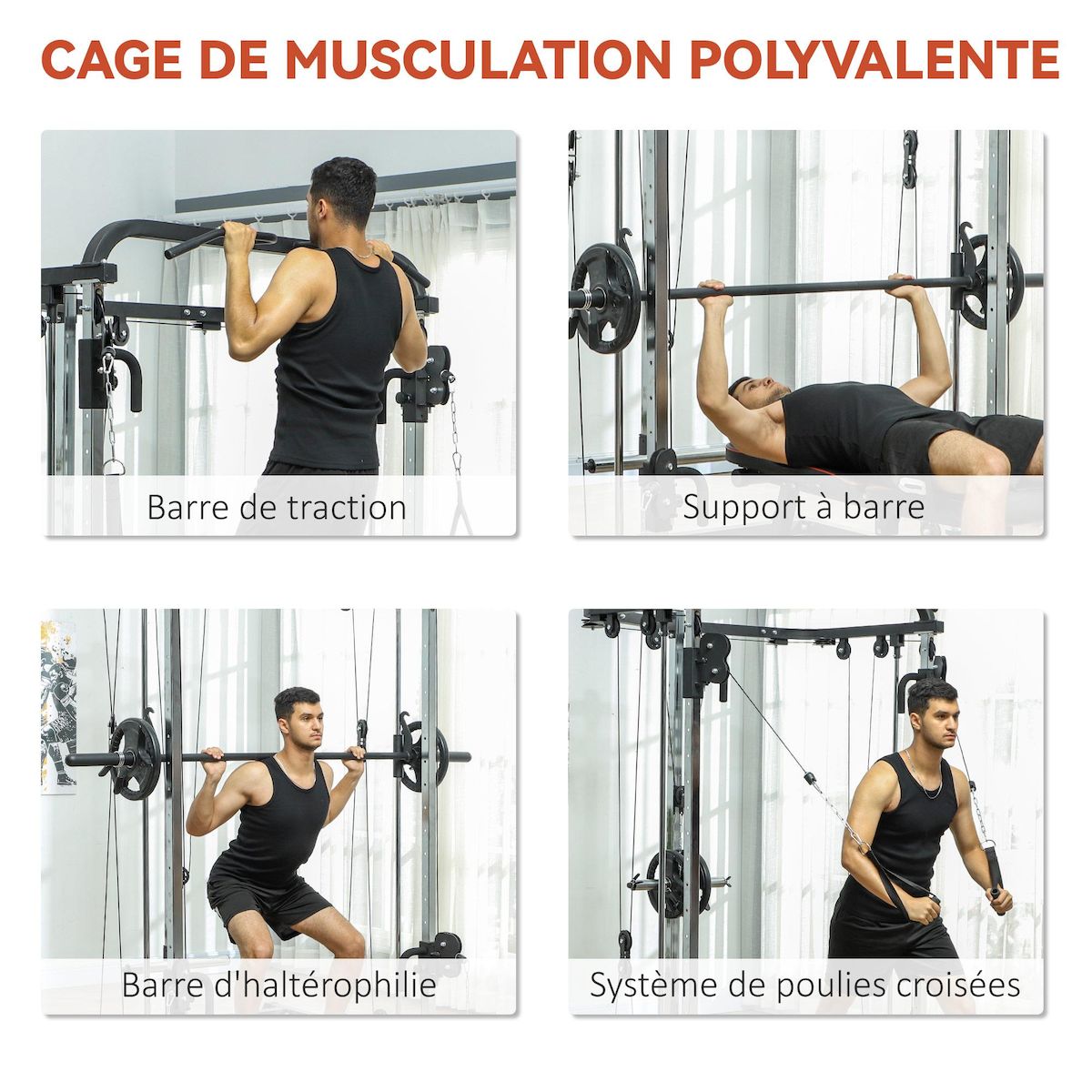 HOMCOM Station de musculation double polie barre de traction et barre longue musculation acier noir