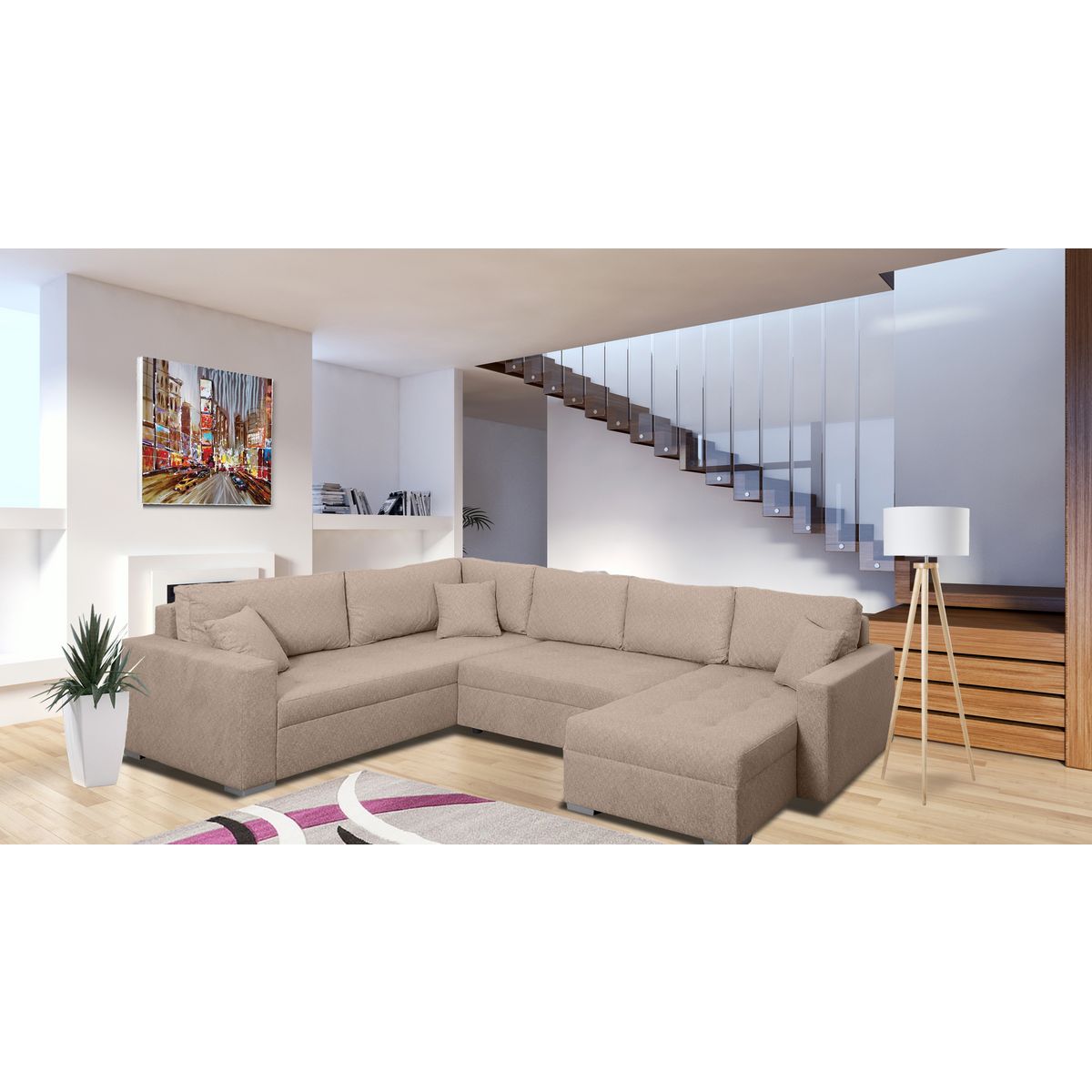 Canapé d'angle gauche convertible panoramique 5 places tissu avec coffre MAGNUS