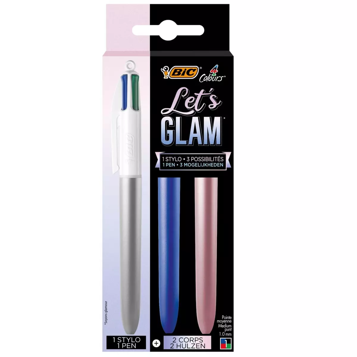 BIC Lot de 1 stylo bille 4 couleurs rétractable + 2 corps Let's Glam