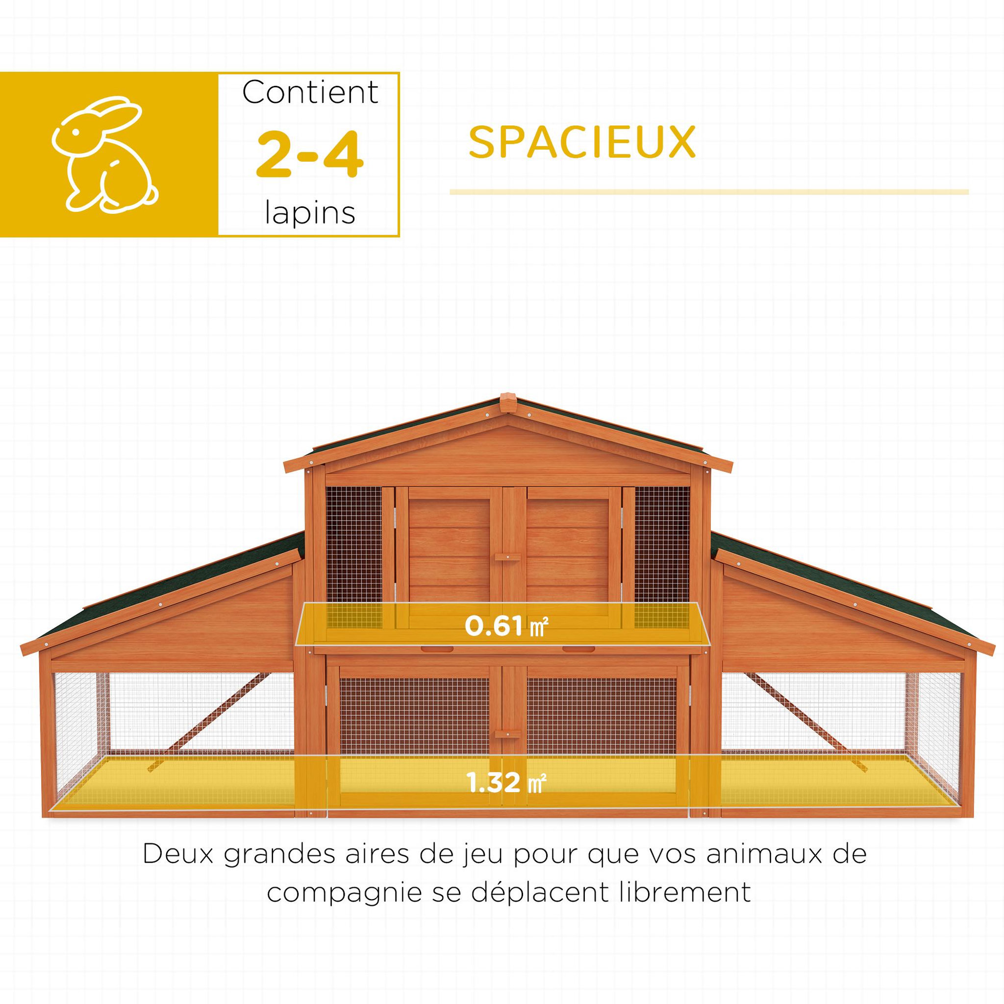 Voir la diapositive 5 : PAWHUT Clapier cage à lapins rongeurs xxl 2 étages 2 enclos tiroir déjection bois sapin pré-huilé