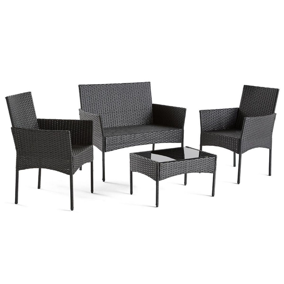 BEST MOBILIER Marbella - salon bas de jardin 4 places - en résine tressée - noir avec coussins beiges