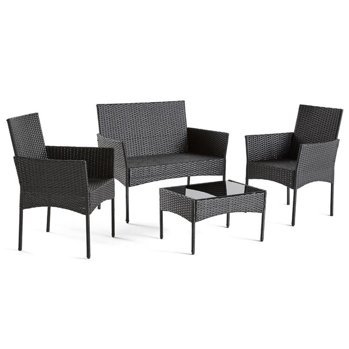 BEST MOBILIER Marbella - salon bas de jardin 4 places - en résine tressée - noir avec coussins beiges