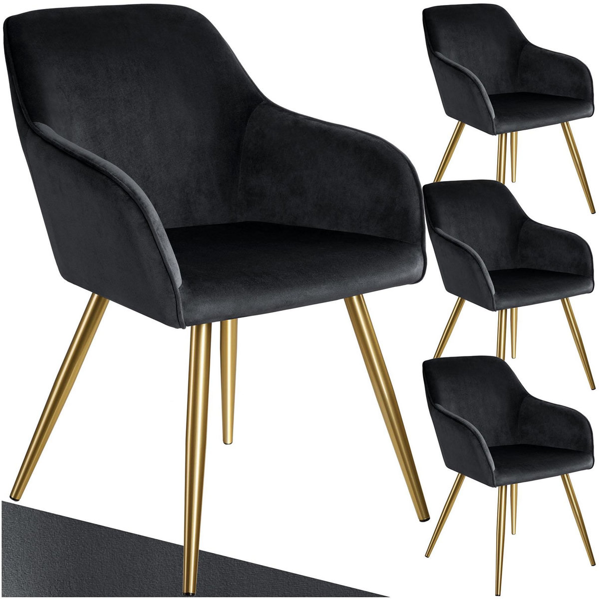 tectake Chaise rembourrée aspect velours noir/or Lot de 4