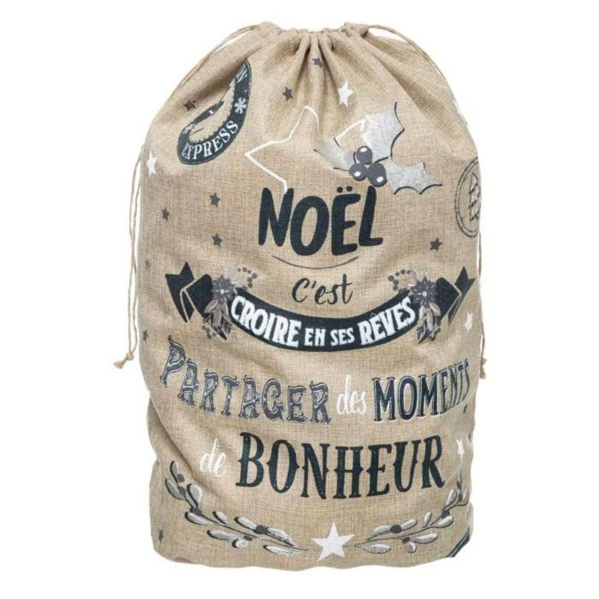 ATMOSPHERA Hotte de Noël Imprimée  Jute  70cm Beige & Bleu