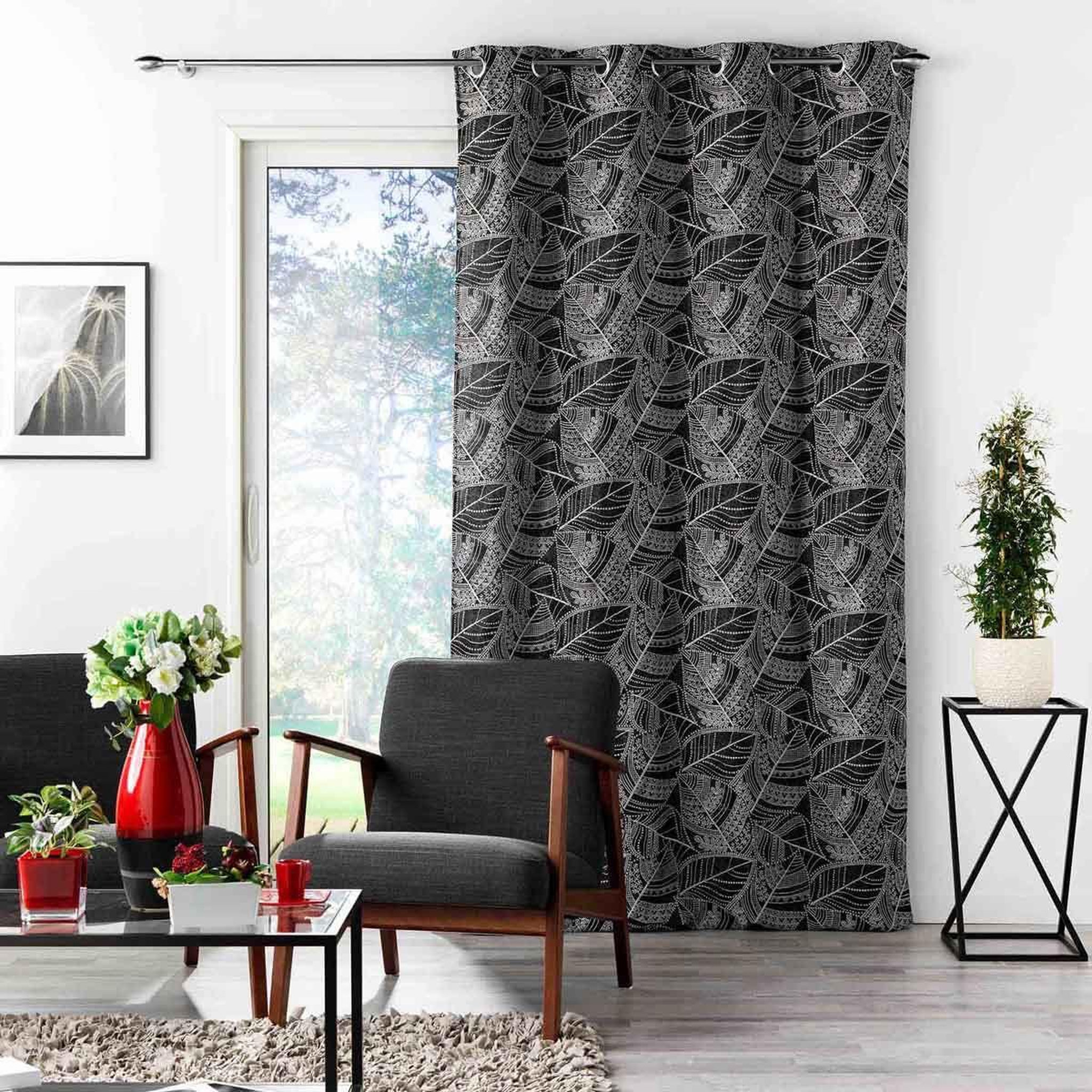 Voir la diapositive 4 : Douceur d'Intérieur Rideau à œillets jacquard  floriss  140x260cm noir