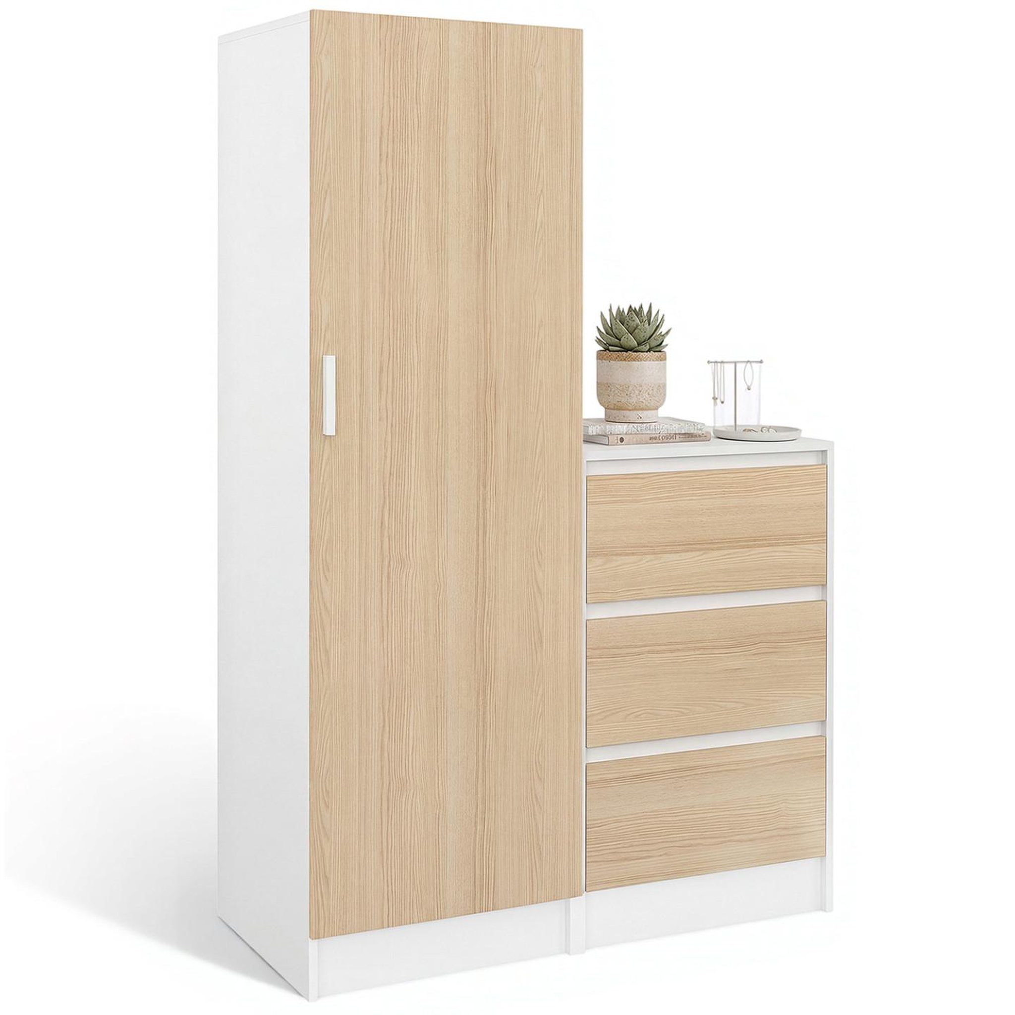 ID MARKET Armoire 1 porte ambre penderie avec commode 3 tiroirs 100 cm modulable façon hêtre et blanc