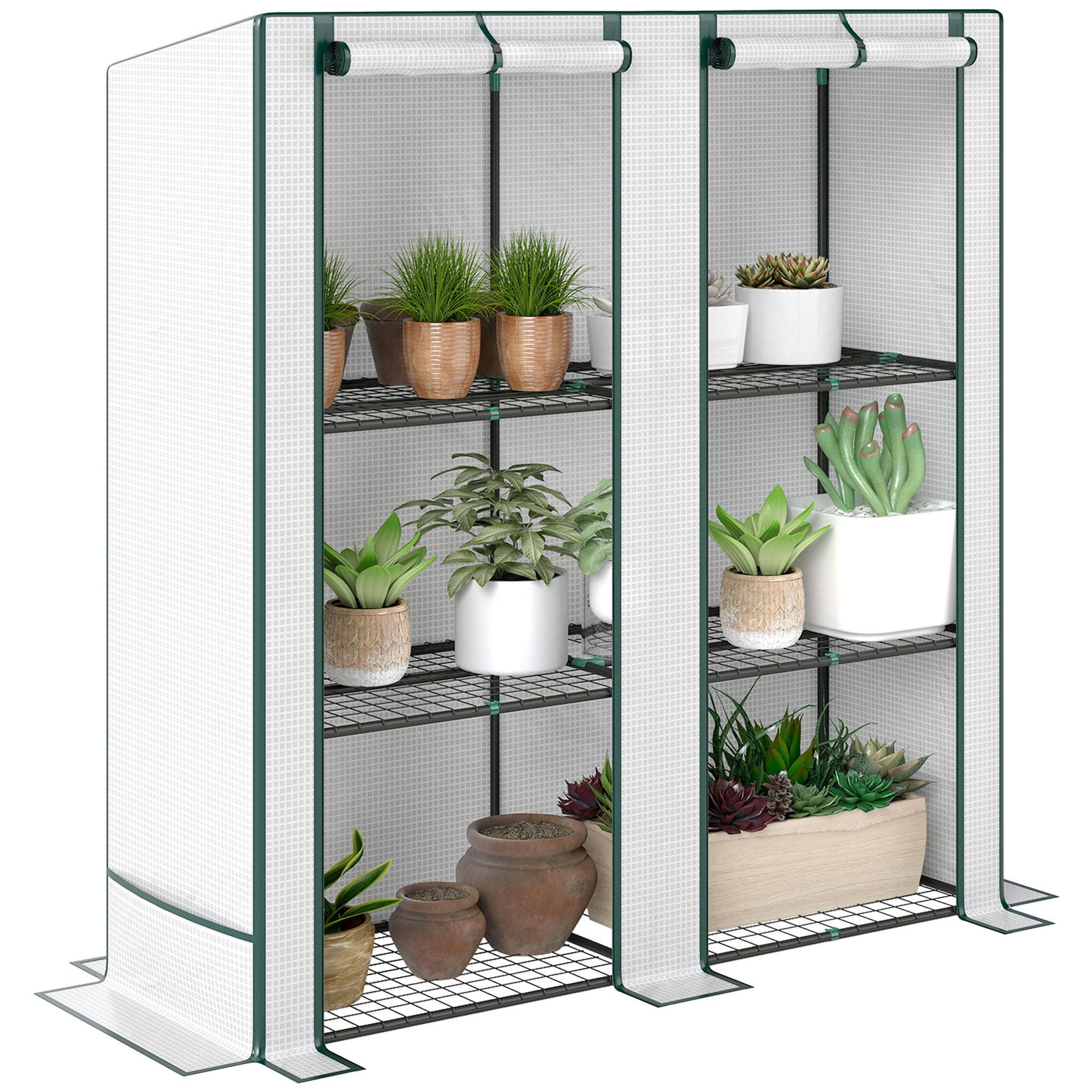 OUTSUNNY Serre de jardin balcon avec étagères métalliques 3 niveaux 2 portes acier noir pe blanc