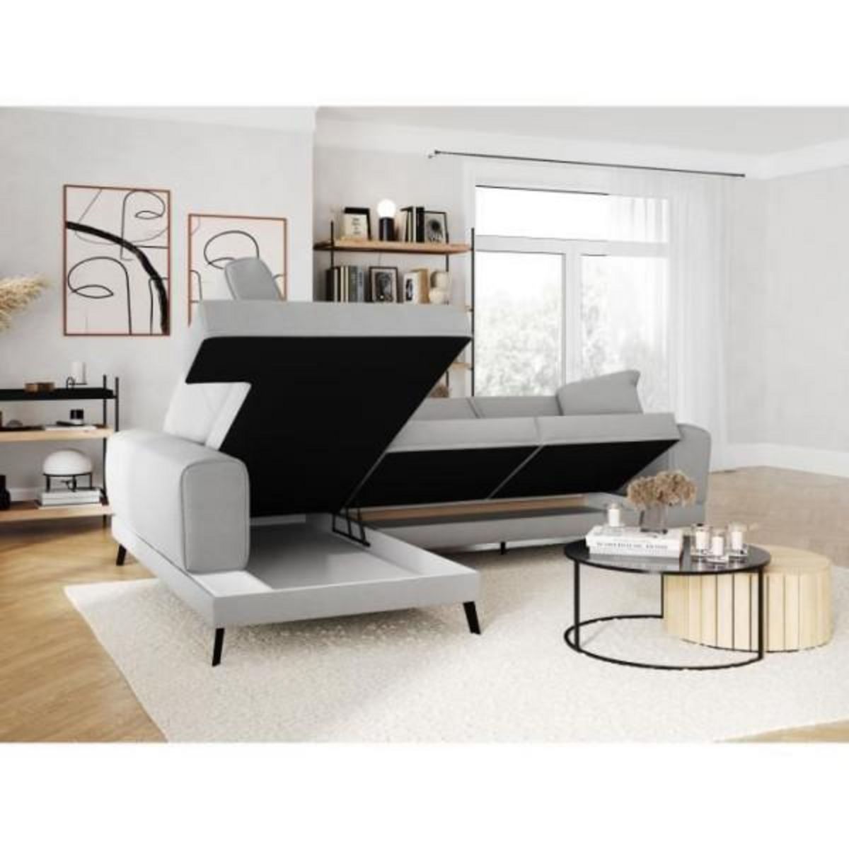 LOUNGITUDE Canapé d'angle gauche convertible IMPERIAL 5 places - Tissu gris clair - 2 coffres de rangement - L304 x P212 x H86 cm