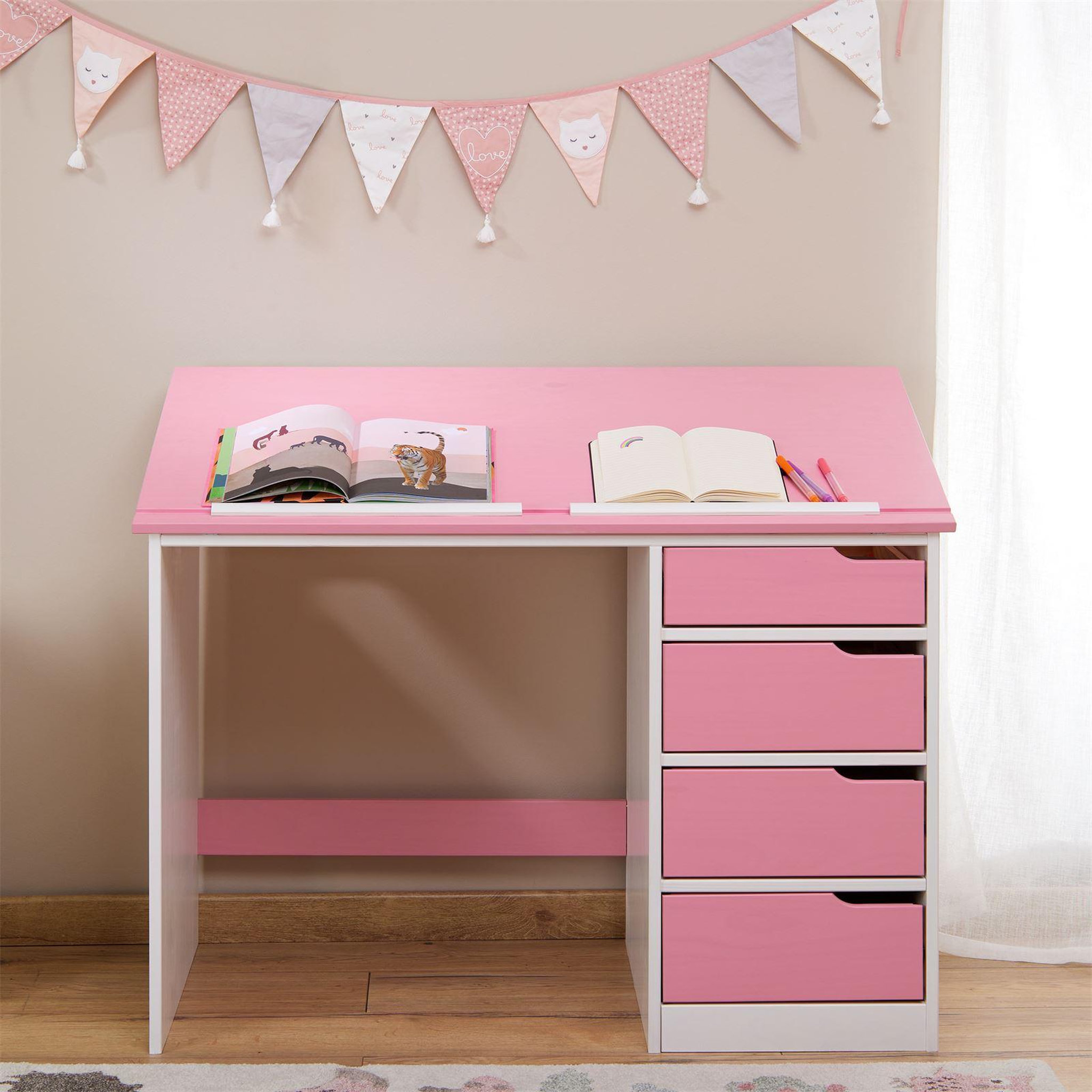Voir la diapositive 3 : IDIMEX Bureau enfant EMMA, en pin massif, 4 tiroirs et plateau inclinable
