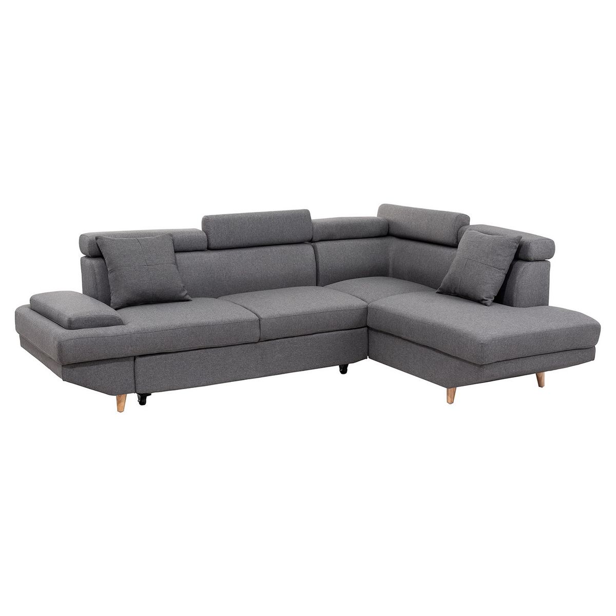 Canapé d'angle droit convertible 5 places tissu pieds bois clair MARIUS 