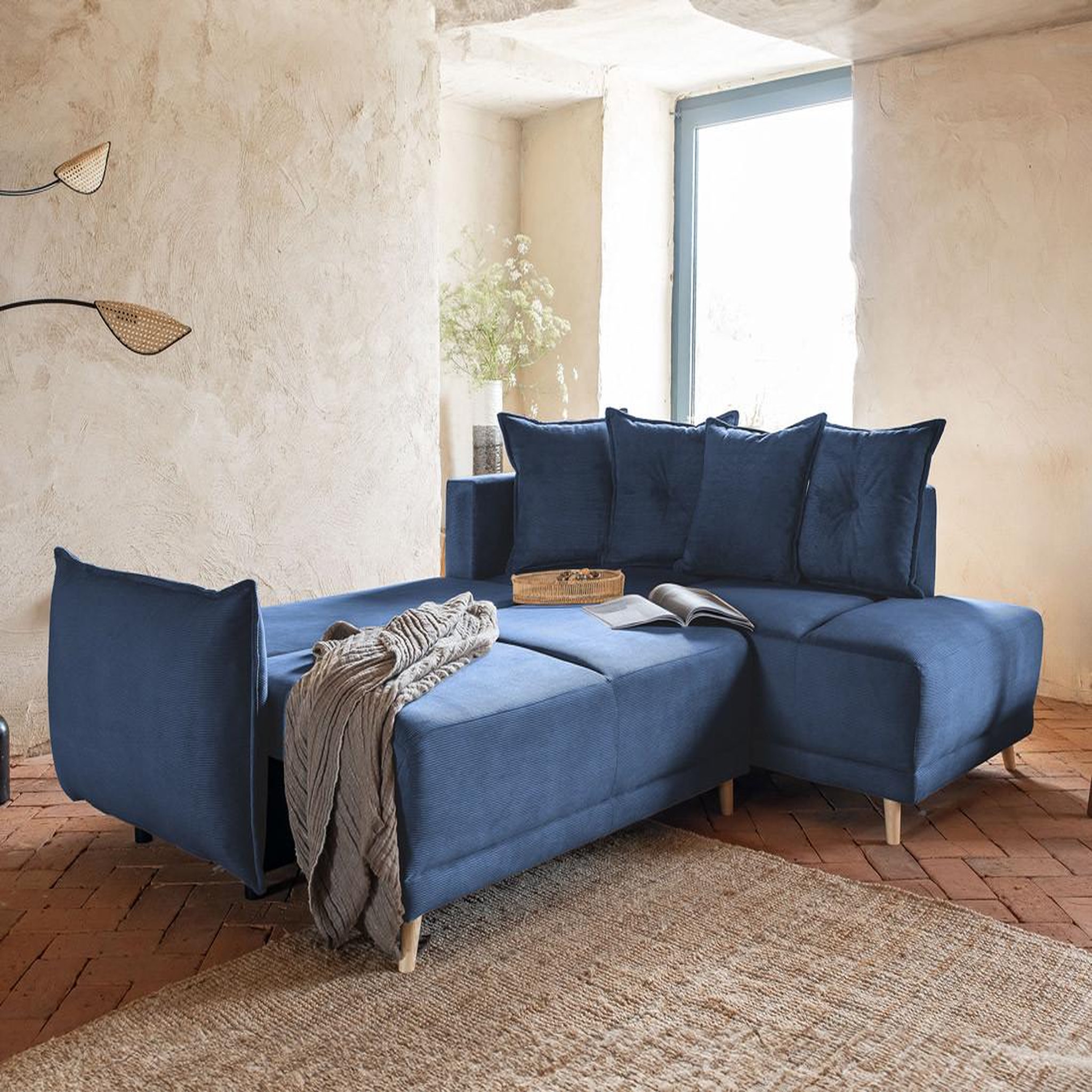 Voir la diapositive 2 : BEST MOBILIER Lena - canapé d'angle droit 5 places - convertible avec coffre - en velours côtelé