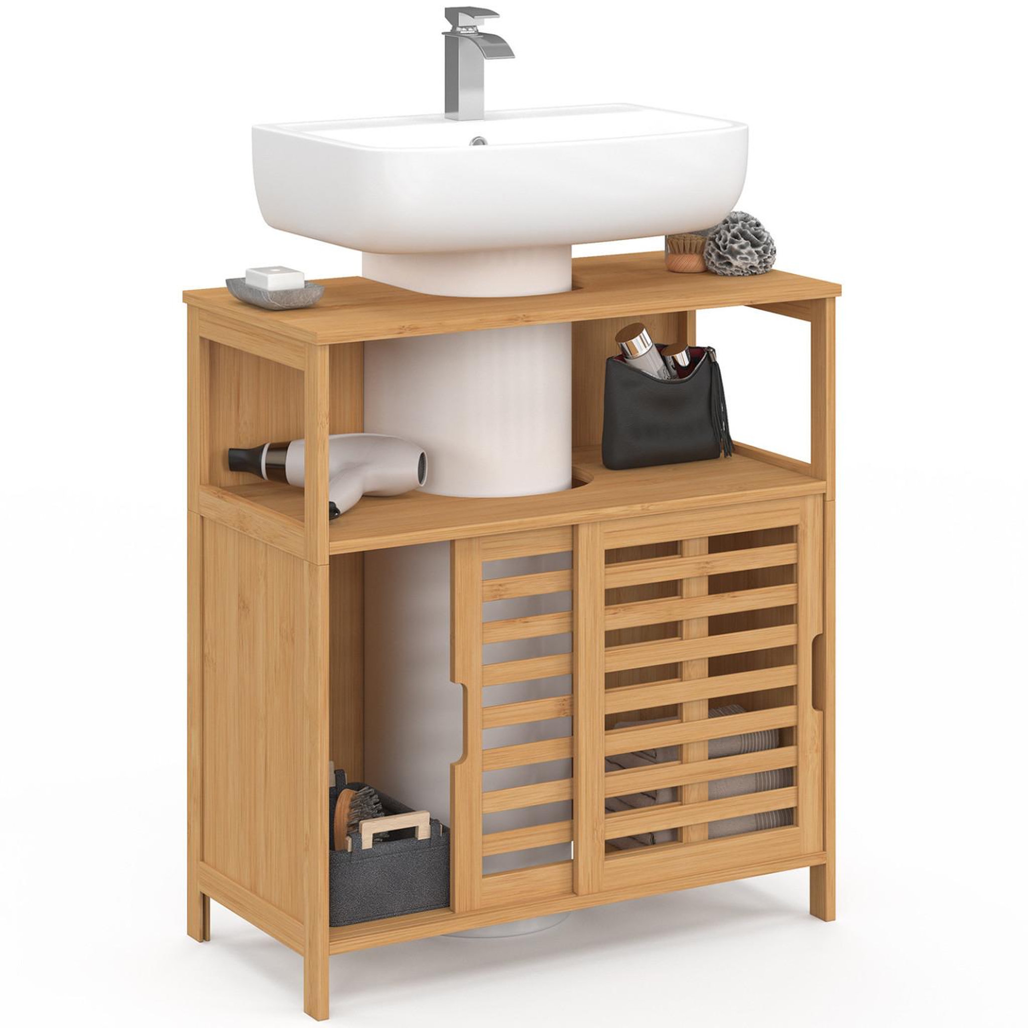 Voir la diapositive 4 : ID MARKET Meuble sous lavabo salle de bain bambou bea avec portes coulissantes