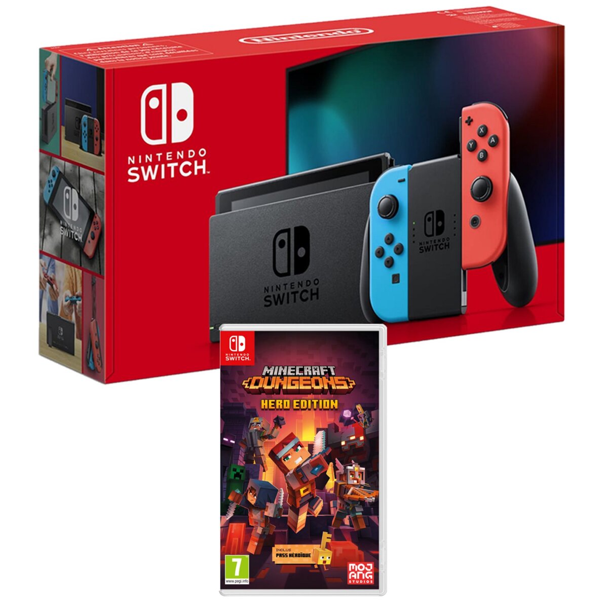 NINTENDO Console Nintendo Switch Joy-Con Bleu et Rouge + Minecraft Dungeons Hero Edition 