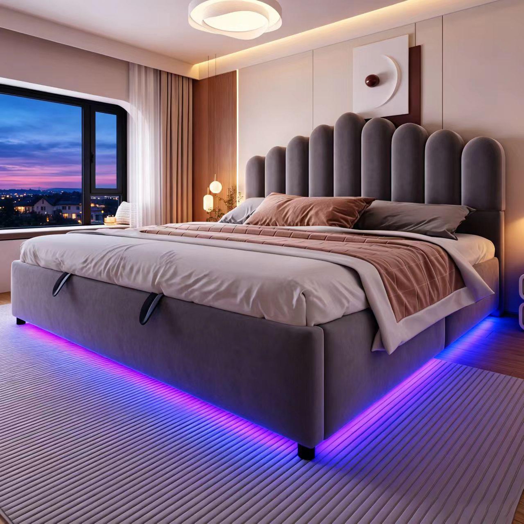Voir la diapositive 4 : MERAX Lit coffre velours avec led, tête de lit capitonnée et sommier à lattes