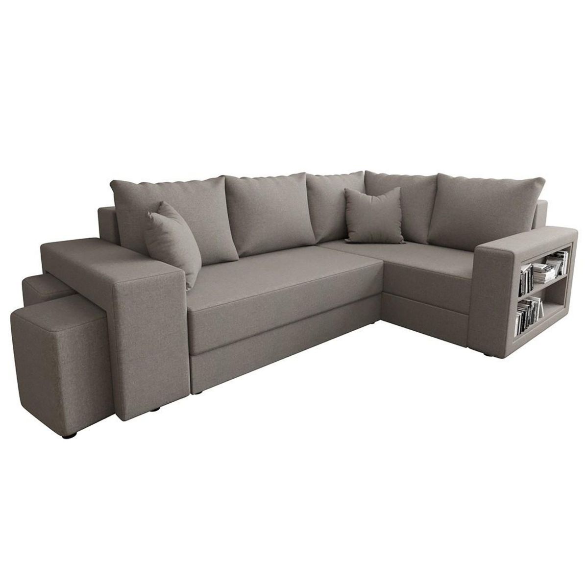 BEST MOBILIER Libbie - canapé d'angle droit 4 places convertible avec coffre, étagère et poufs en tissu