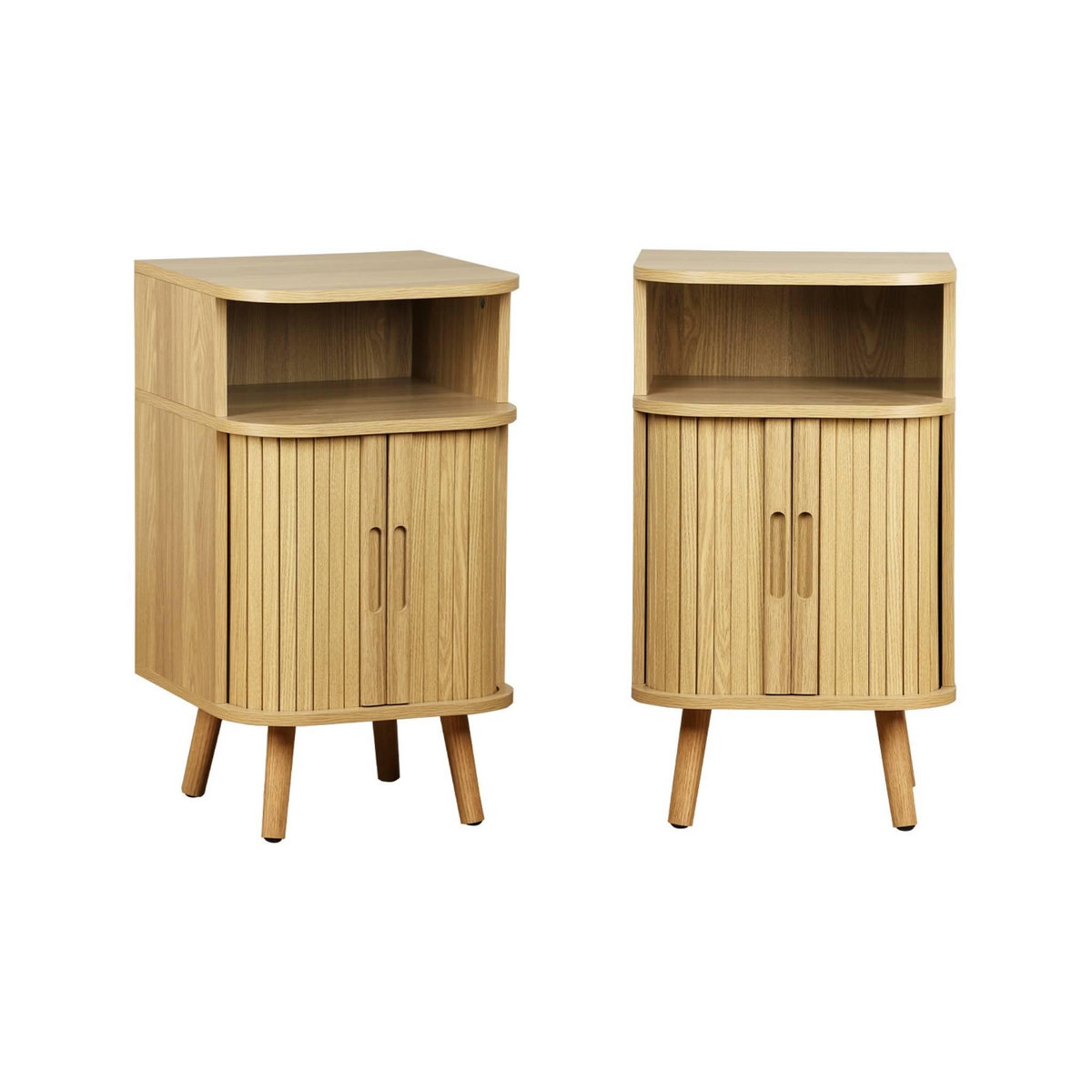 SWEEEK Lot de 2 tables de chevet 2 portes coulissantes + 1 niche effet bois rainuré. L 40 x P 40 x H 70cm