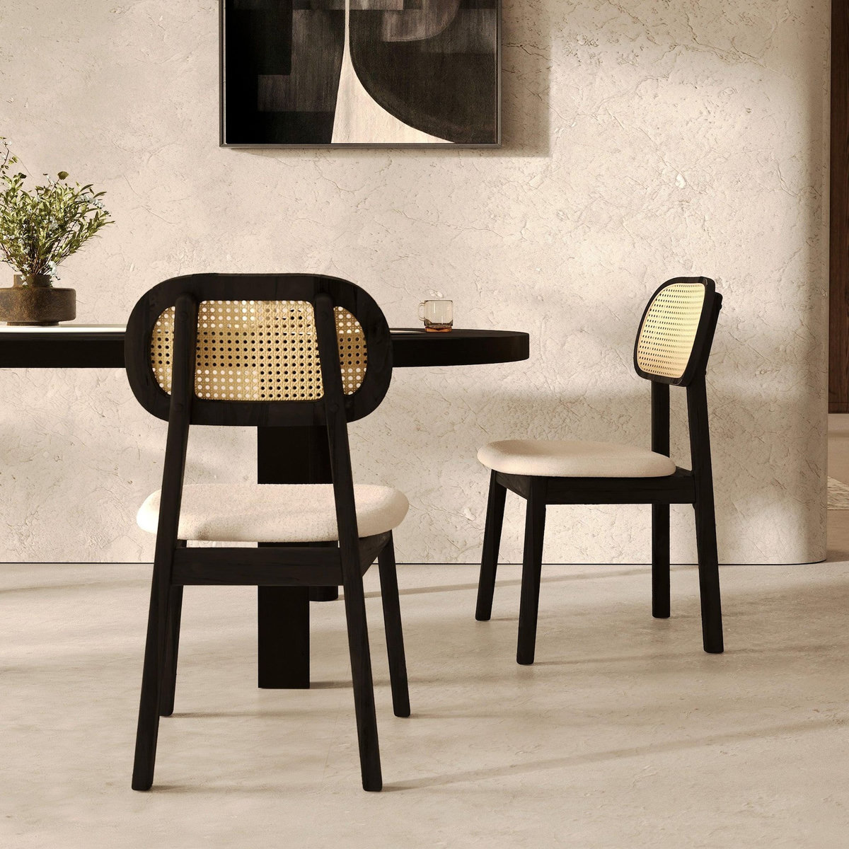 Rendez vous déco Lot de 2 chaises en bois clair, tissu beige et rotin synthétique - Maria