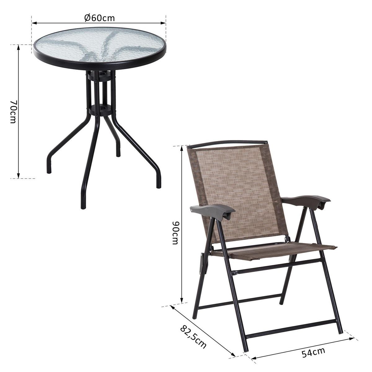 OUTSUNNY Ensemble de jardin 3 pièces 2 chaises inclinables multi-positions pliables + table ronde verre trempé métal époxy textilène chocolat