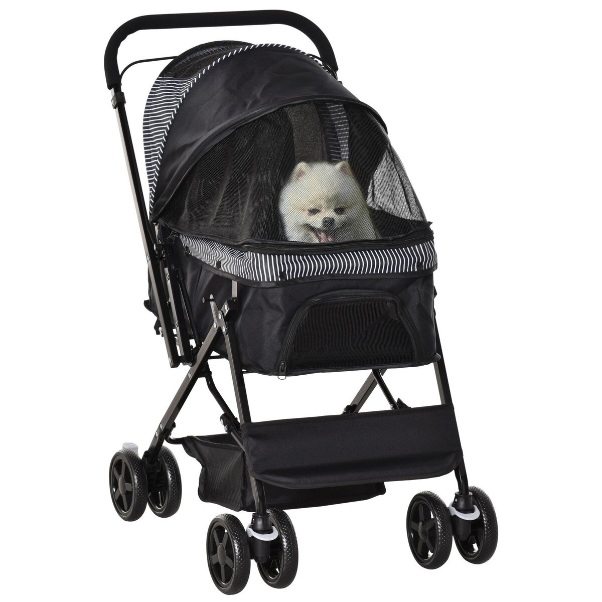 PAWHUT Poussette buggy pliable chien chat panier et sac de rangement attaches sécurité housse réglable poignée réglable acier Oxford noir