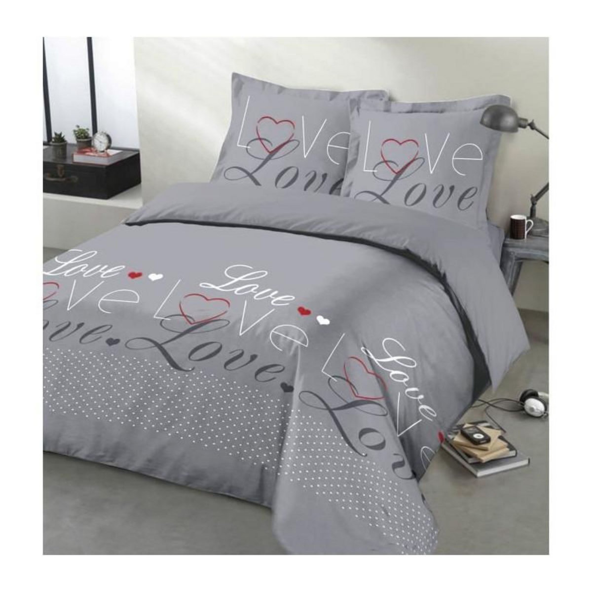 VISION VISION - Parure de lit Love - 100% coton - 1 housse de couette 200 x 200 cm + 2 taies d'oreiller 65 x 65 cm - Gris