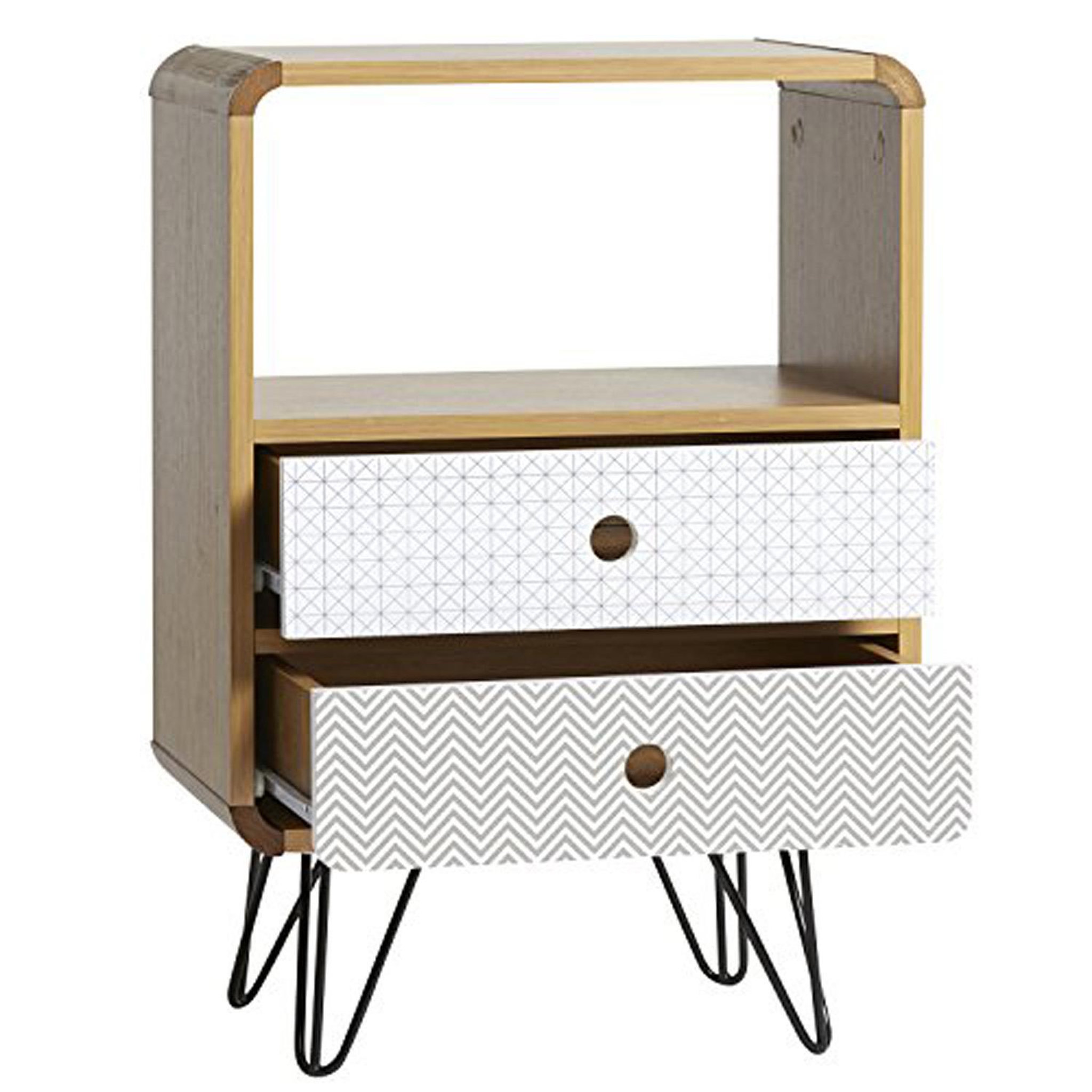 Voir la diapositive 3 : VS VENTA-STOCK Table Chevet Buda 2 Tiroirs, Couleur chêne, Jambes en métal en Noir