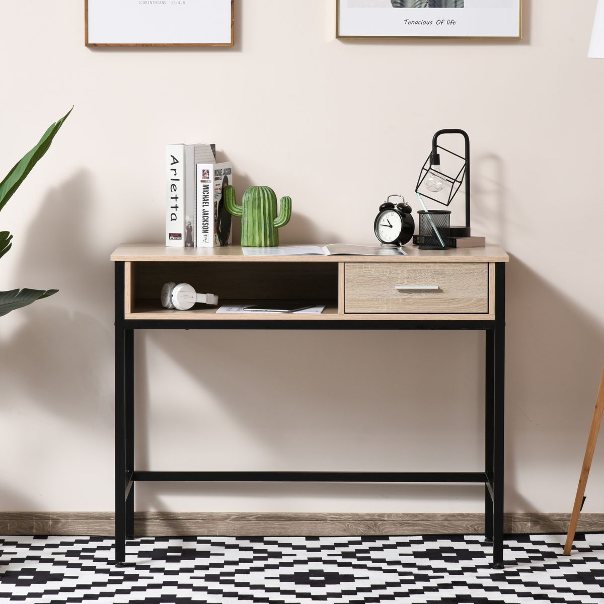 HOMCOM Bureau style industriel casier + tiroir coulissant châssis métal noir plateau panneaux particules chêne clair