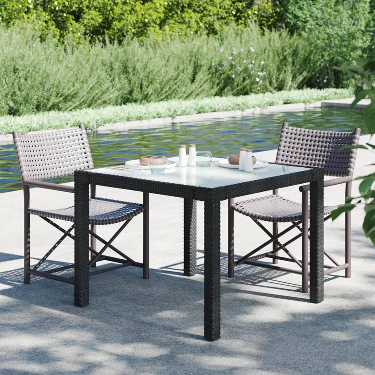 VIDAXL Table de jardin 90x90x75 cm Verre trempe et resine tressee Noir