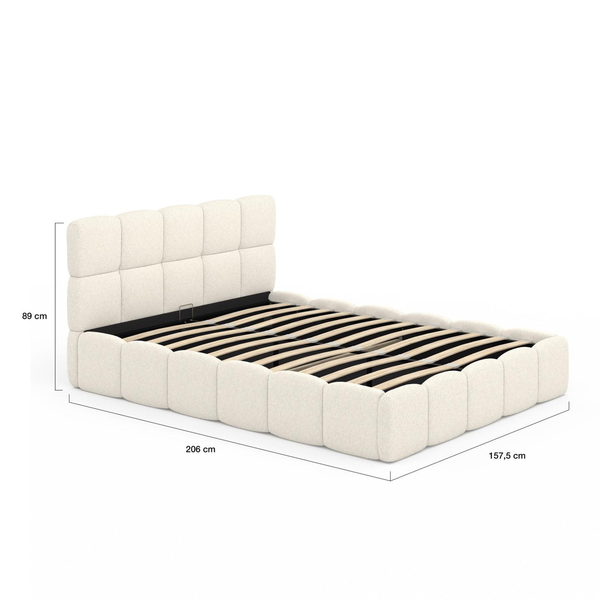 Voir la diapositive 5 : ID MARKET Lit coffre double nuage avec tête de lit matelassée et sommier 140 x 190 cm tissu bouclette blanc