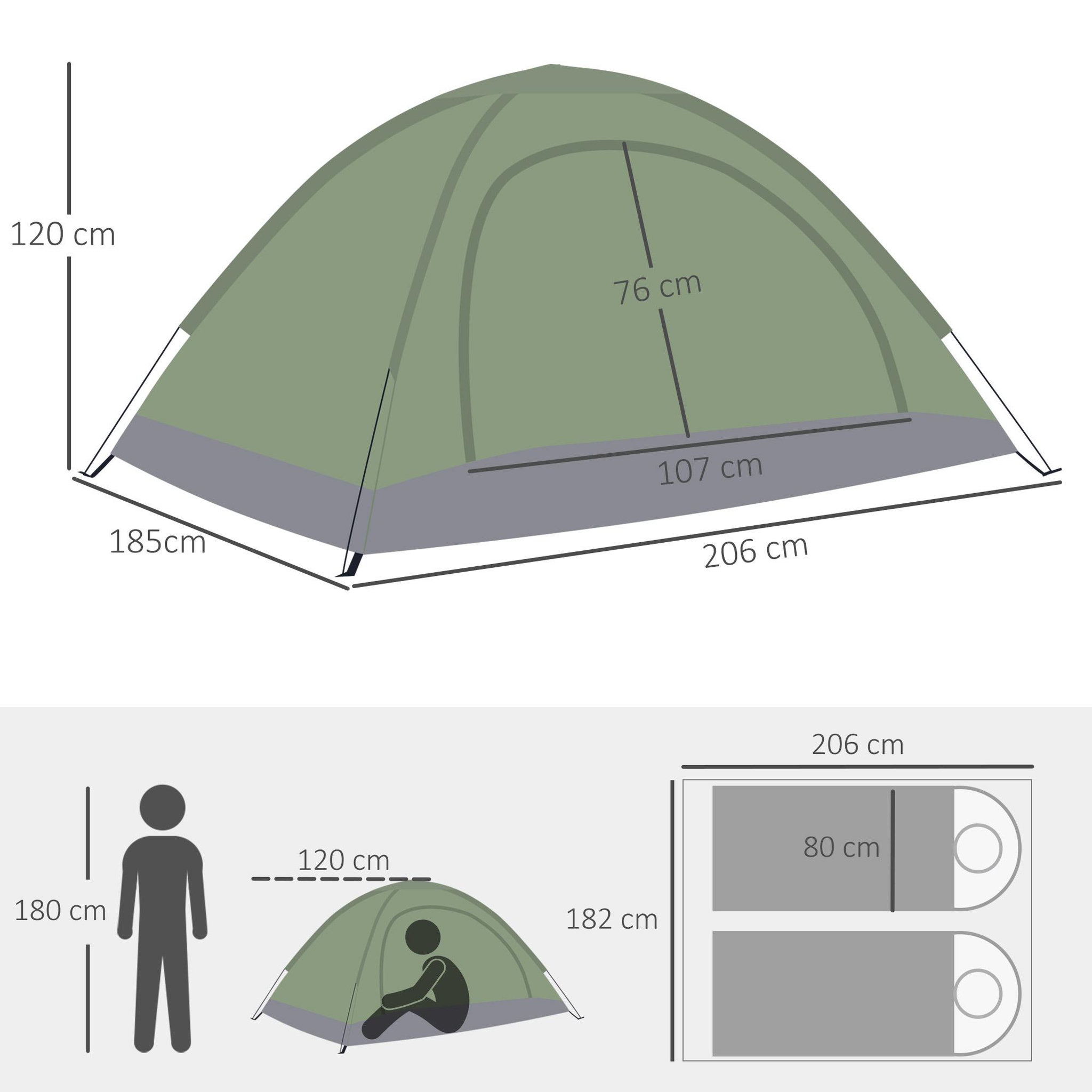 Voir la diapositive 3 : OUTSUNNY Tente de camping 2 personnes dim. 206l x 152l x 110h cm - portes zippée, poche rangement sac de transport inclus - fibre verre polyester oxford vert