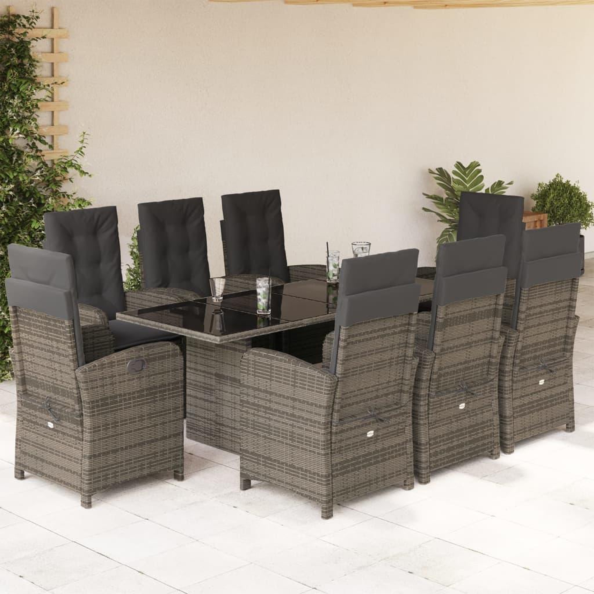 VIDAXL Ensemble a manger de jardin 9 pcs coussins gris resine tressee