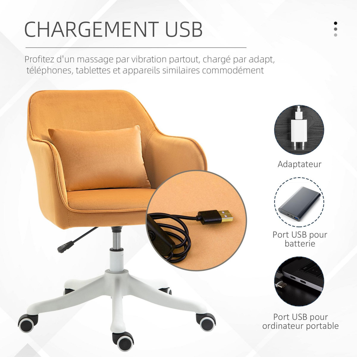 HOMCOM Chaise de bureau velours fauteuil bureau massant coussin lombaire intégré hauteur réglable pivotante 360° jaune