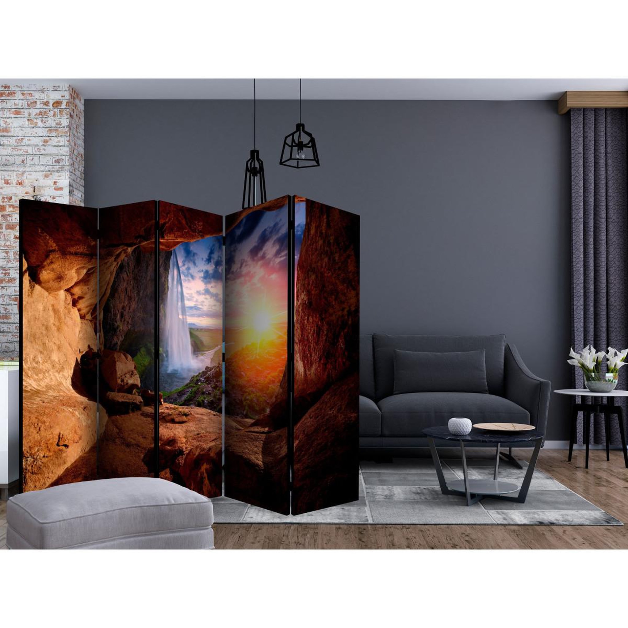 Voir la diapositive 2 : Paris Prix Paravent 5 volets  cave : seljalandsfoss waterfall  172x225cm
