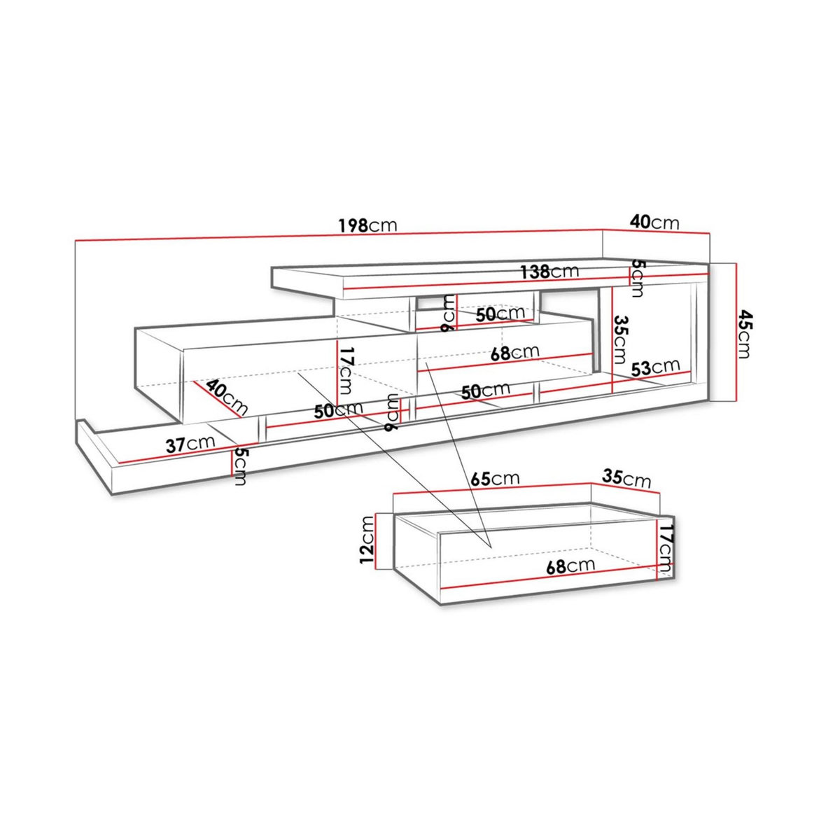 BEST MOBILIER Olga - meuble tv - effet bois et blanc - 2 tiroirs - 198 cm
