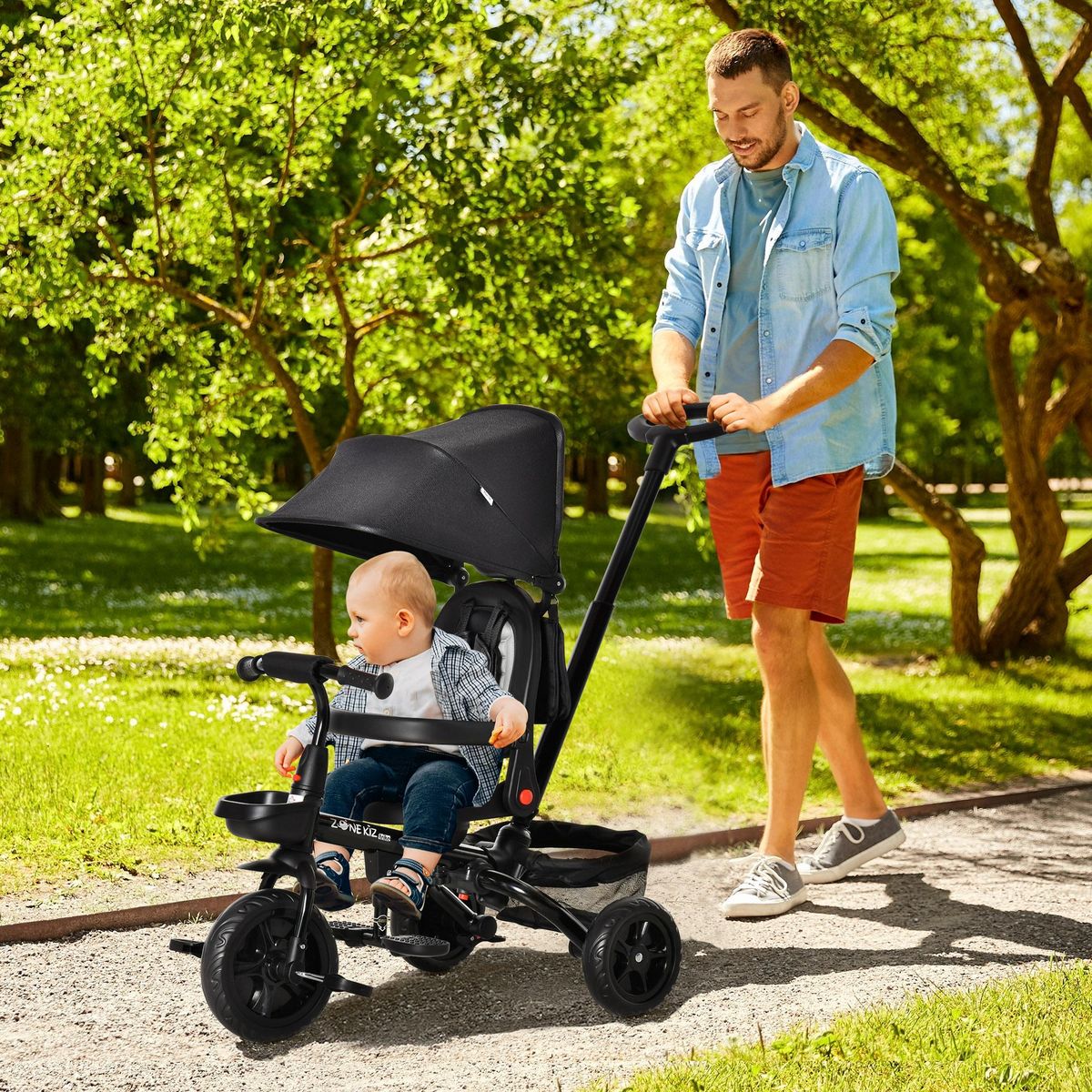 HOMCOM Tricycle enfant évolutif pliable 4 en 1 multifonction - pare-soleil, canne télescopique amovible - siège pivotant, harnais, arceau sécurité - 3 paniers rangement - métal PP noir