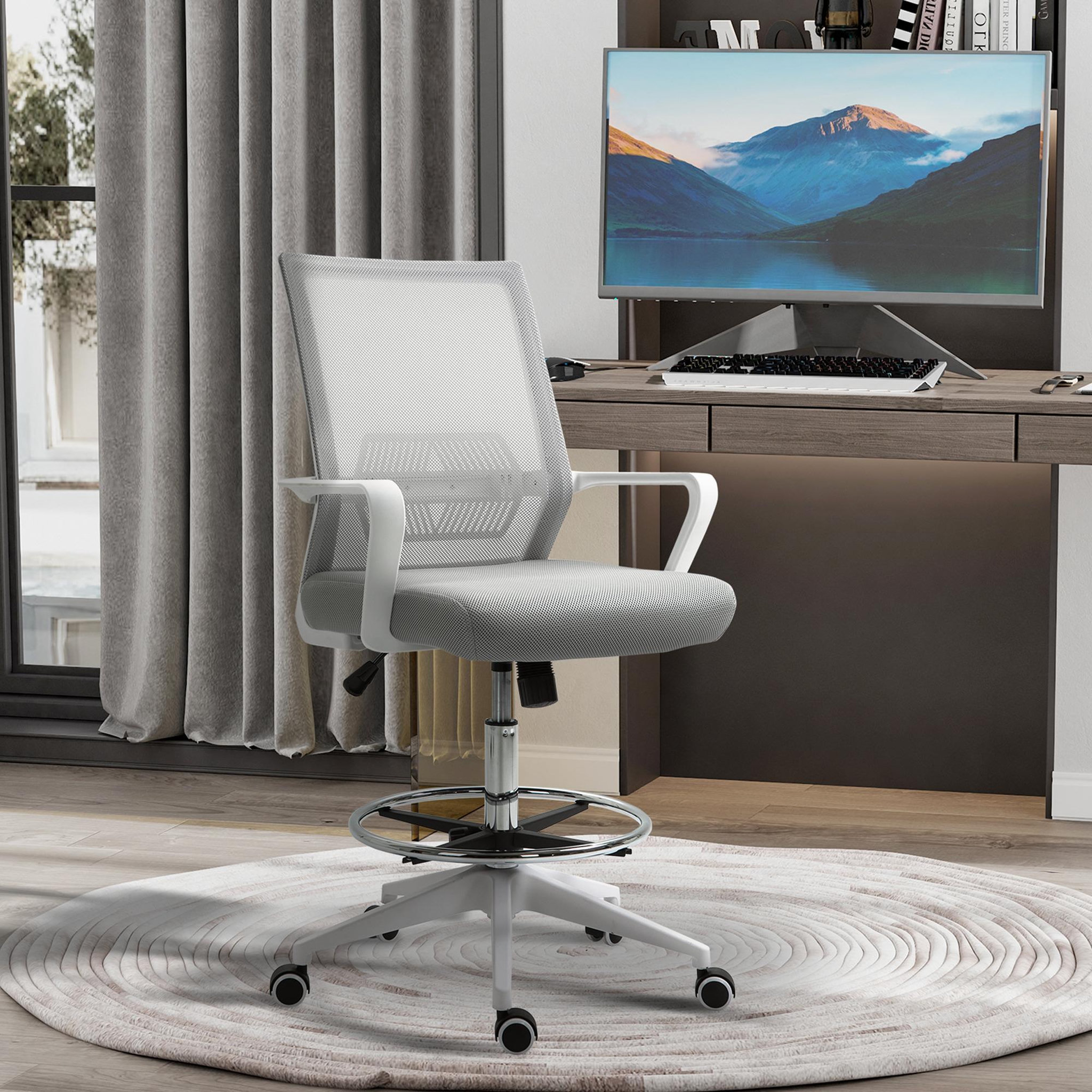 Voir la diapositive 2 : HOMCOM Fauteuil de bureau chaise de bureau assise haute réglable dim. 64L x 59l x 104-124H cm pivotant 360° maille respirante gris