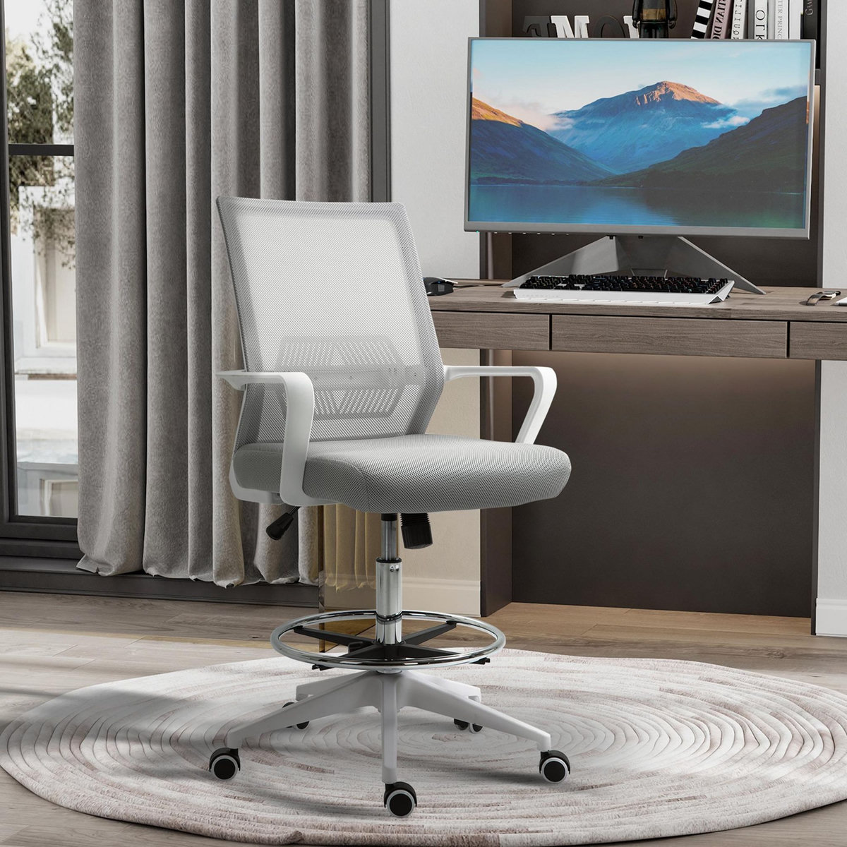 HOMCOM Fauteuil de bureau chaise de bureau assise haute réglable dim. 64L x 59l x 104-124H cm pivotant 360° maille respirante gris