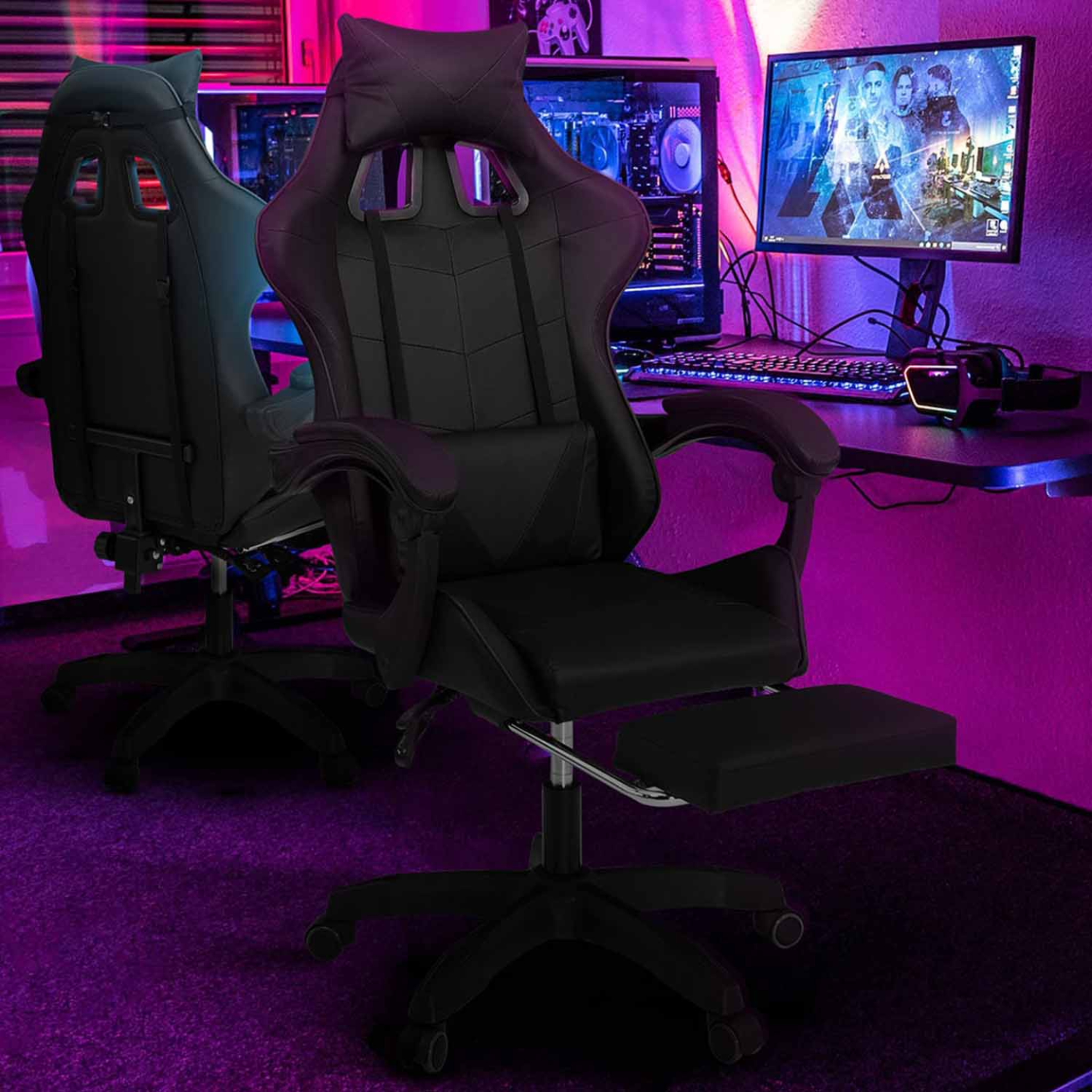 Voir la diapositive 2 : ID MARKET Fauteuil de gaming alex réglable avec repose-pied, coussin de tête et coussin lombaire noir